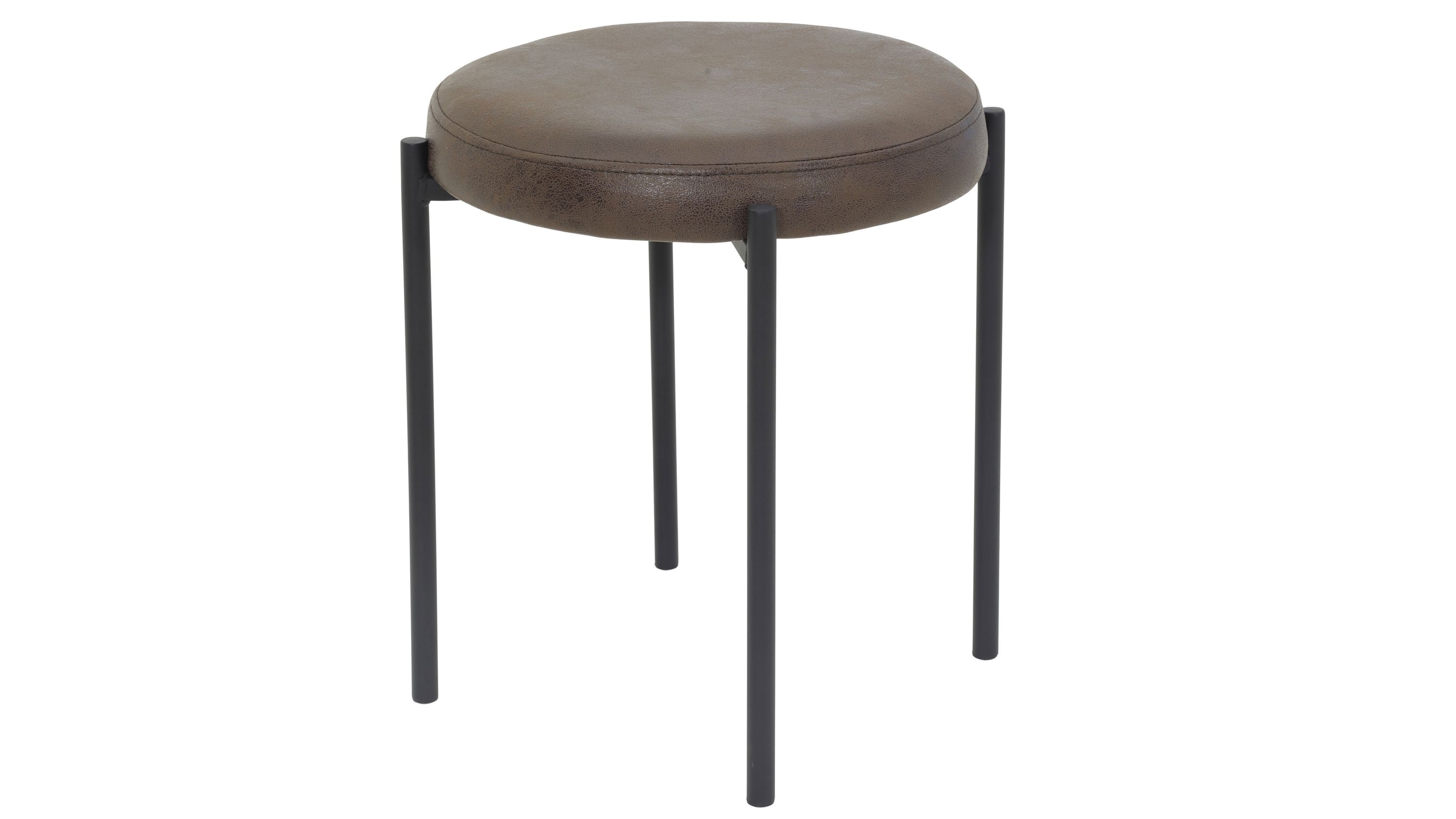 Runder Hocker mit braunem Sitz und vier schwarzen Metallbeinen