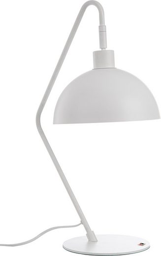 Weiße Schreibtischlampe mit gebogenem Standfuß und kuppelförmigem Schirm, seitlich fotografiert