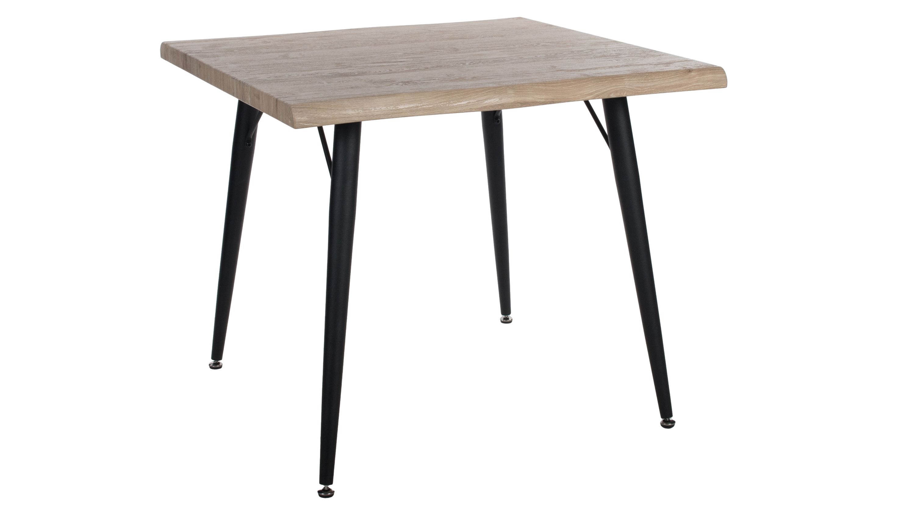 Quadratischer Esstisch mit hellem Holzplatte und schwarzen schlanken Beinen