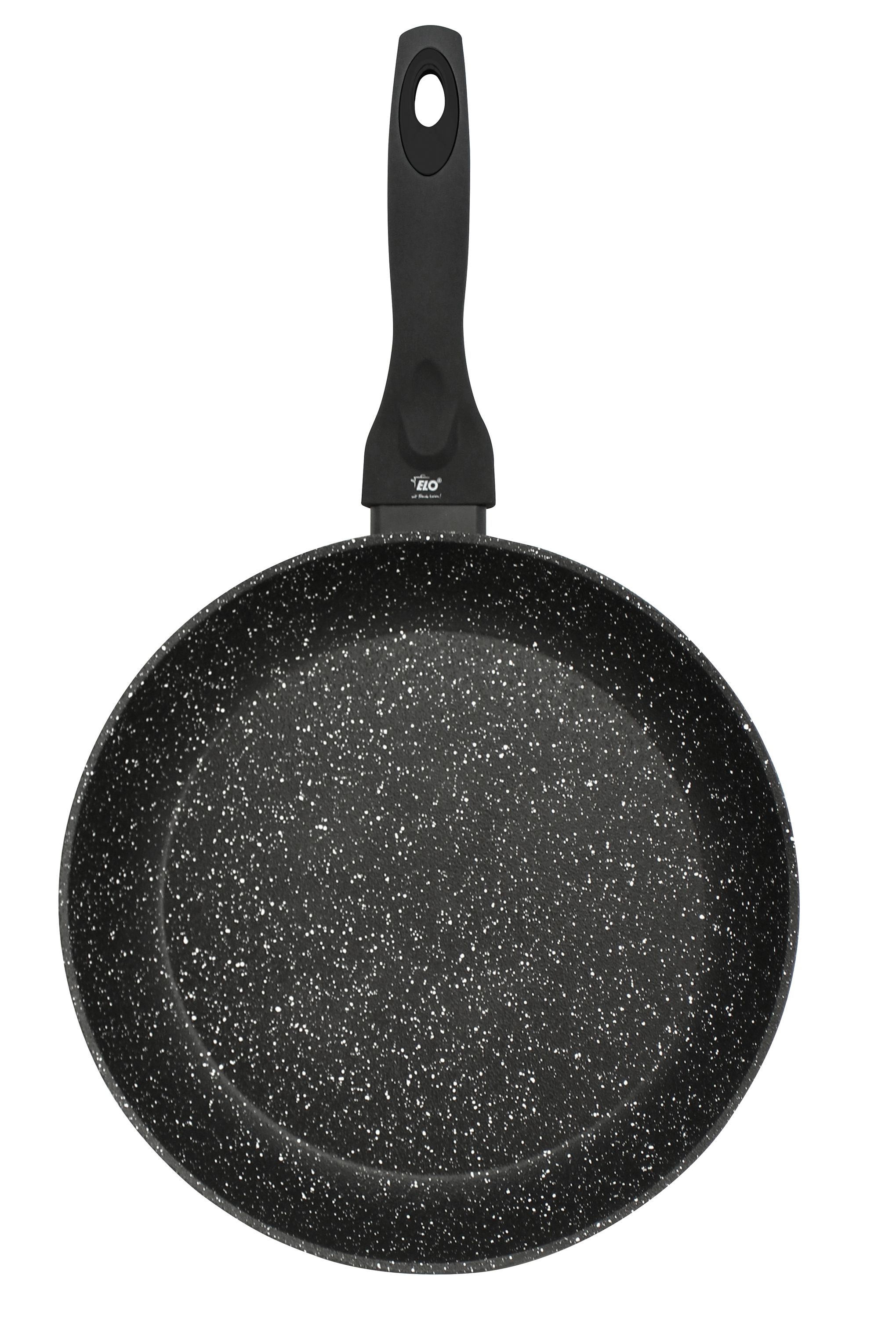 Frontalansicht einer Bratpfanne mit gesprenkelter Innenfläche in Granitoptik und schwarzem Griff