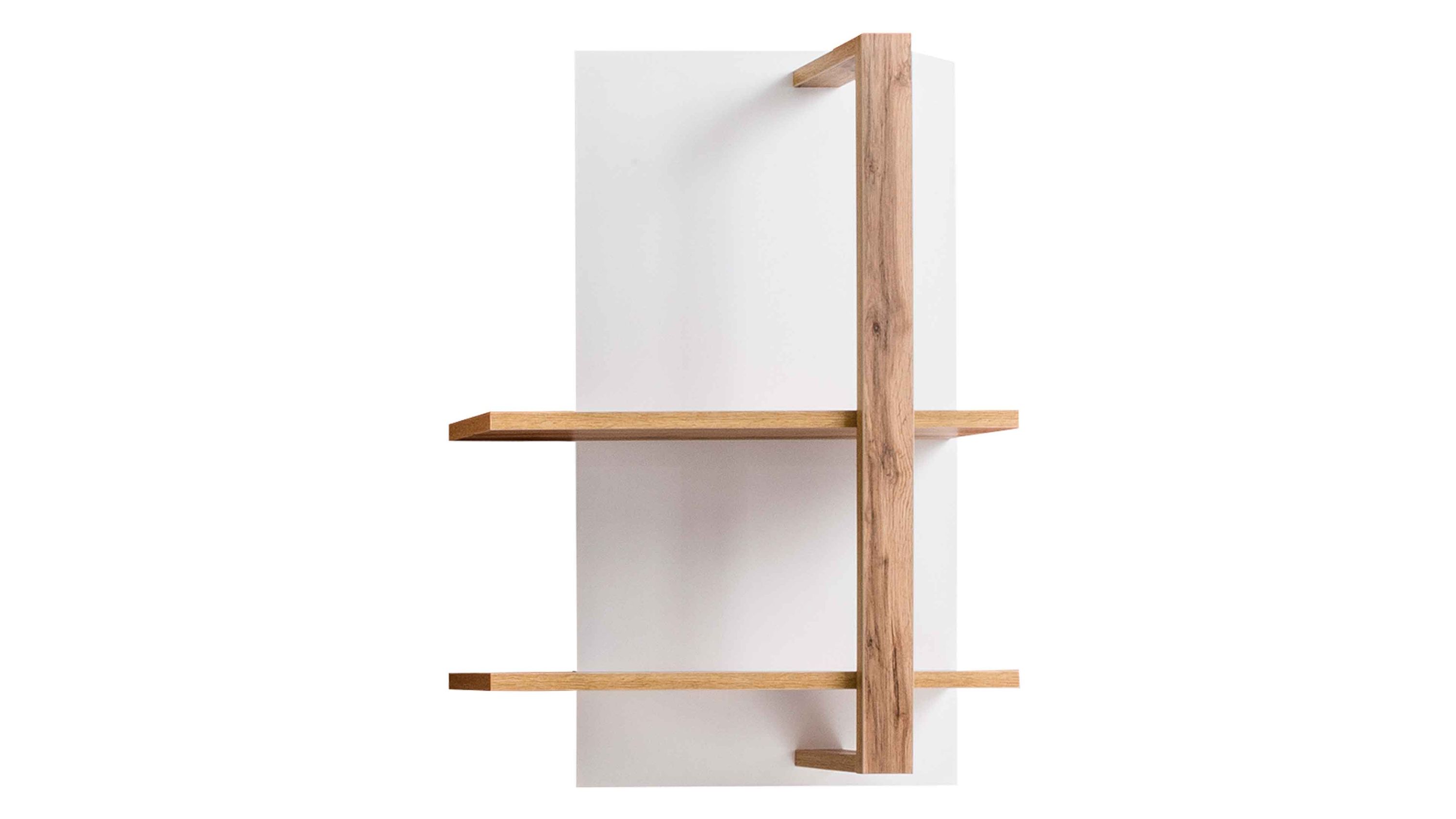 Wandregal mit zwei Ablagen und vertikalem Holzpaneel Wandregal mit zwei waagerechten Ablagen und einem vertikalen Element in Holzoptik vor weißem Hintergrund
