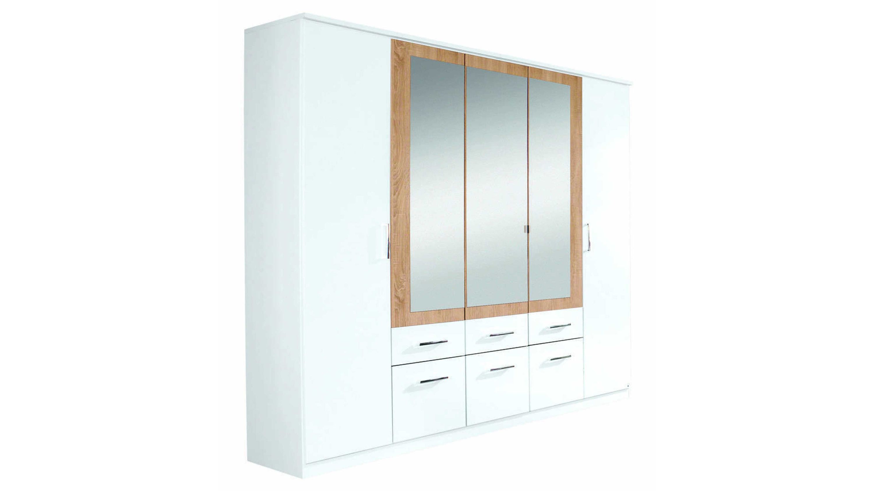 Kleiderschrank mit Spiegeltüren und Schubladen in weiß und Holzoptik Kleiderschrank mit fünf Türen sechs Schubladen drei Spiegeltüren Rahmen in Holzoptik restliche Flächen weiß