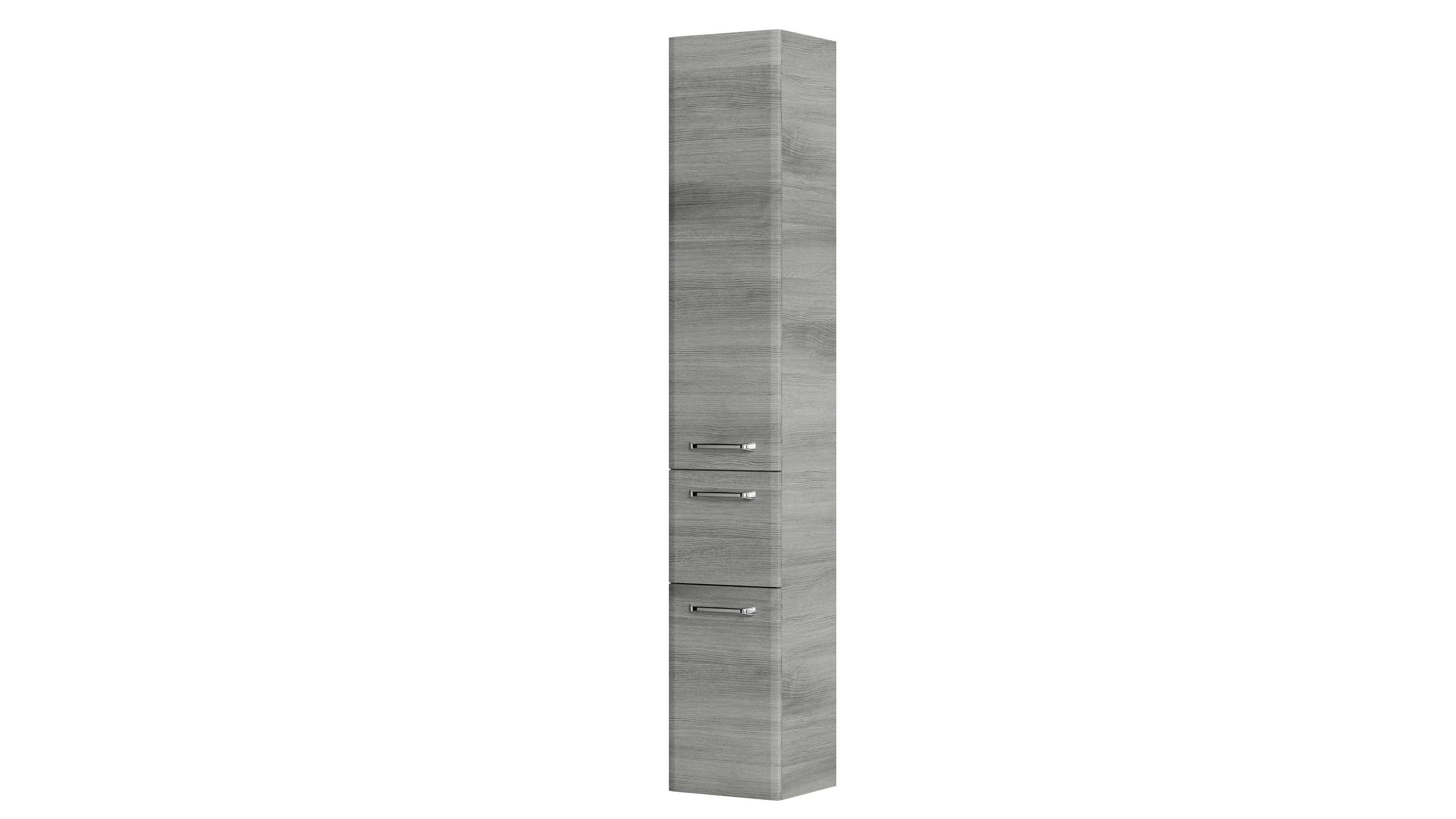 Hoher Badschrank mit zwei Türen und Schublade in grauer Holzoptik Schmaler hoher Badschrank in grauer Holzoptik mit zwei Türen und einer Schublade in der Mitte