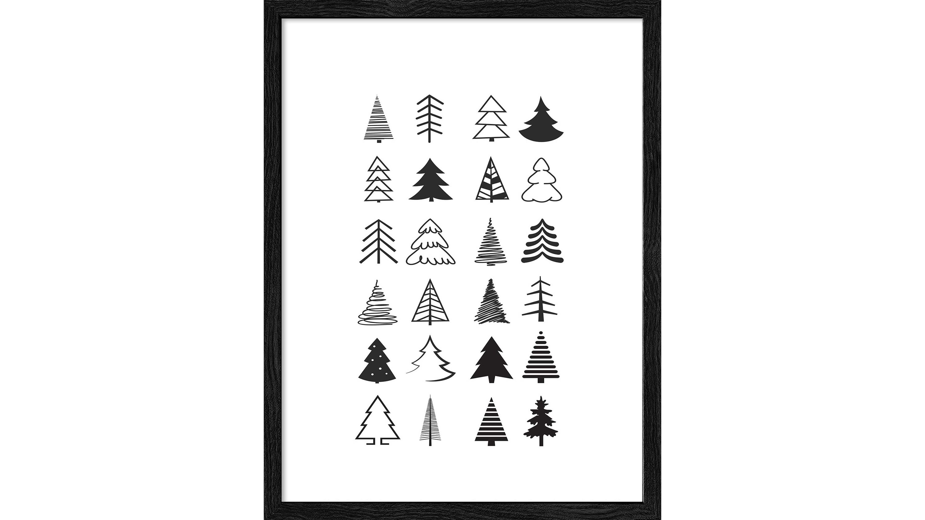 Schwarzer Rahmen mit Kunstdruck von 20 stilisierten Weihnachtsbäumen in Schwarz und Weiß
