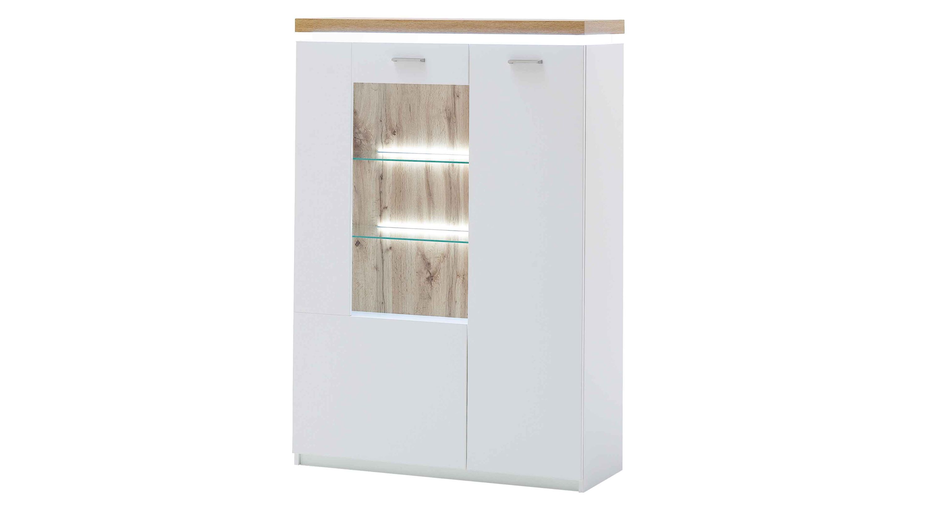 Weißes Highboard mit zwei Türen eine Tür mit Glas und Holzrückwand in heller Eichenoptik