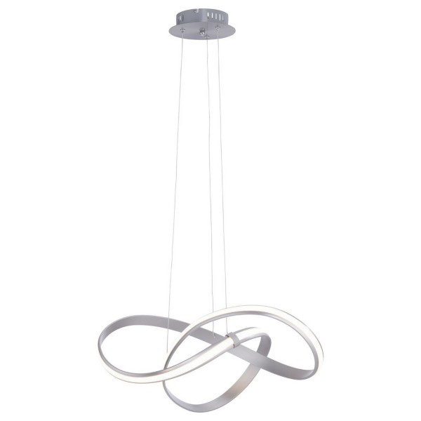 Moderne LED-Pendelleuchte mit geschwungenem Lichtband in Aluminiumoptik Elegante Pendelleuchte mit geschwungenem LED-Lichtband in Endlosschleifenform, an drei Seilen von runder Deckenhalterung