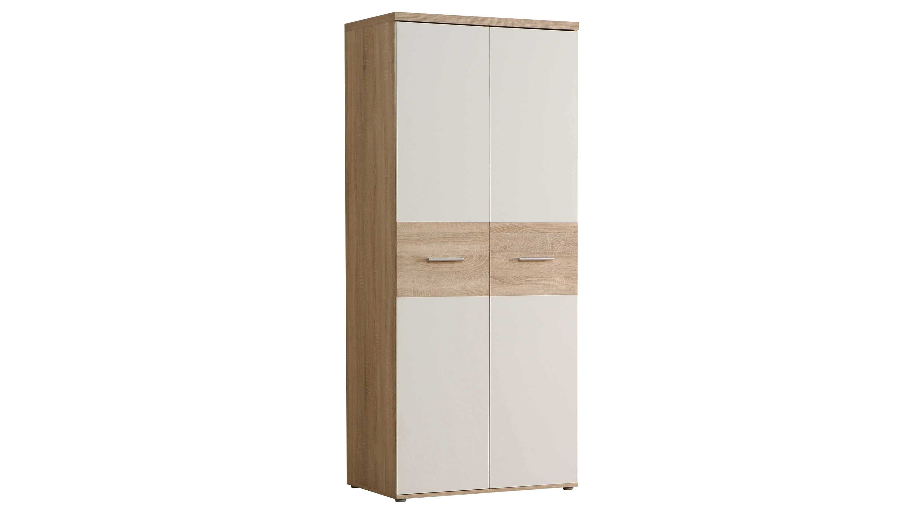 Kleiderschrank mit zwei Türen in weiß und eichefarben mit horizontalem Griffbereich