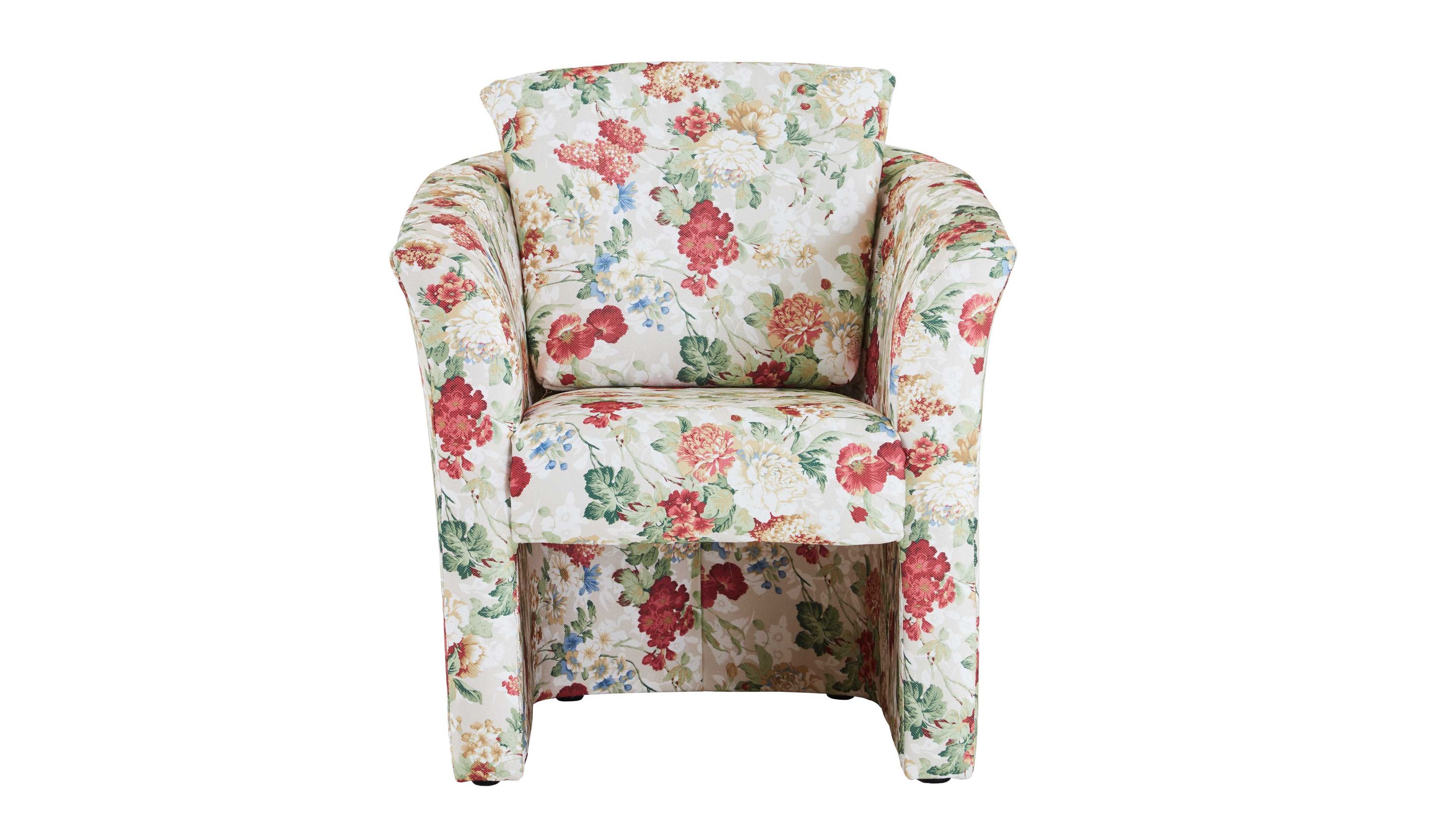 Cocktailsessel mit floral gemustertem Stoffbezug in Rot Grün und Blau auf hellem Grund