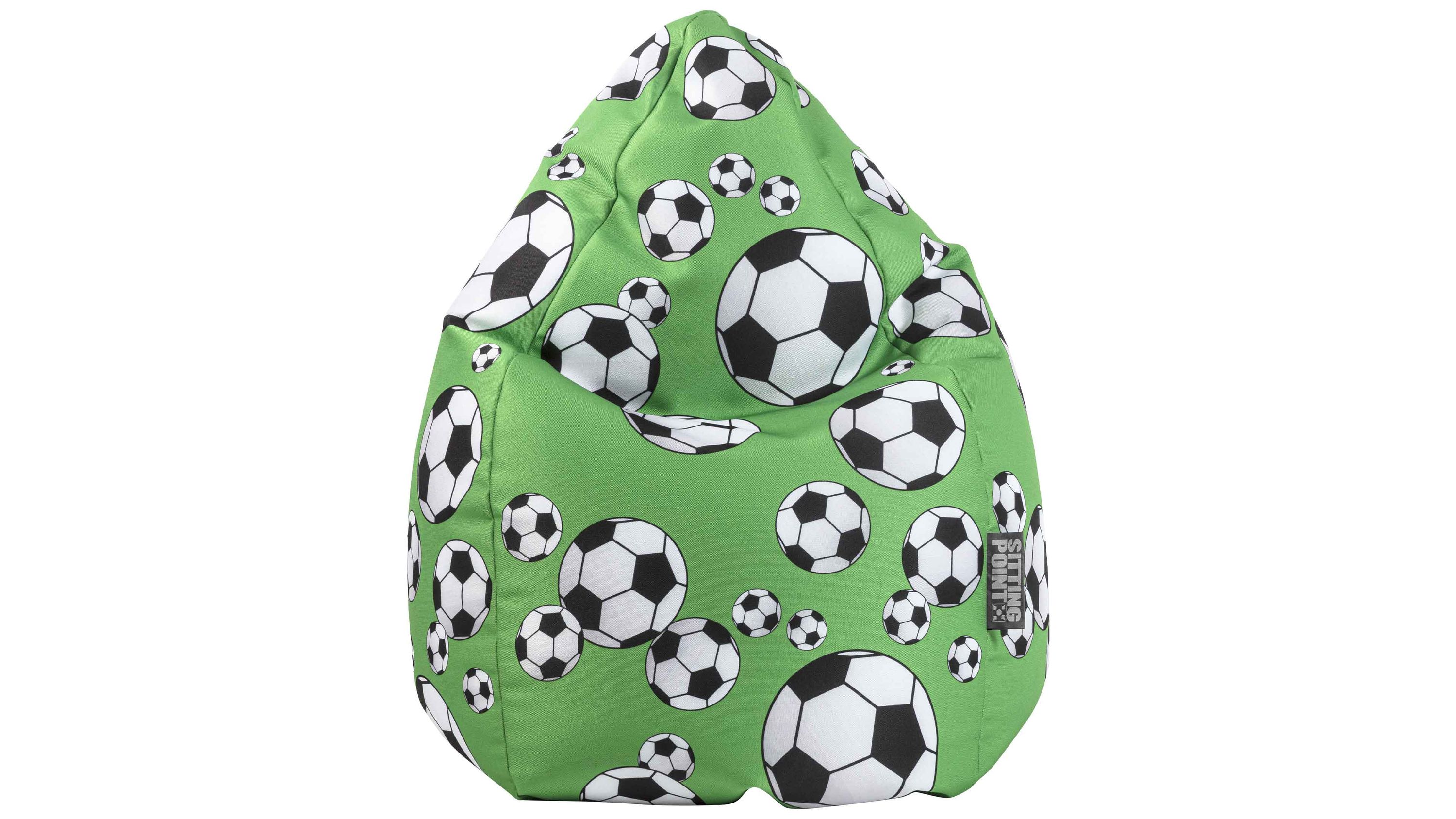 Grüner Sitzsack mit schwar-weißem Fußballmuster in Tropfenform