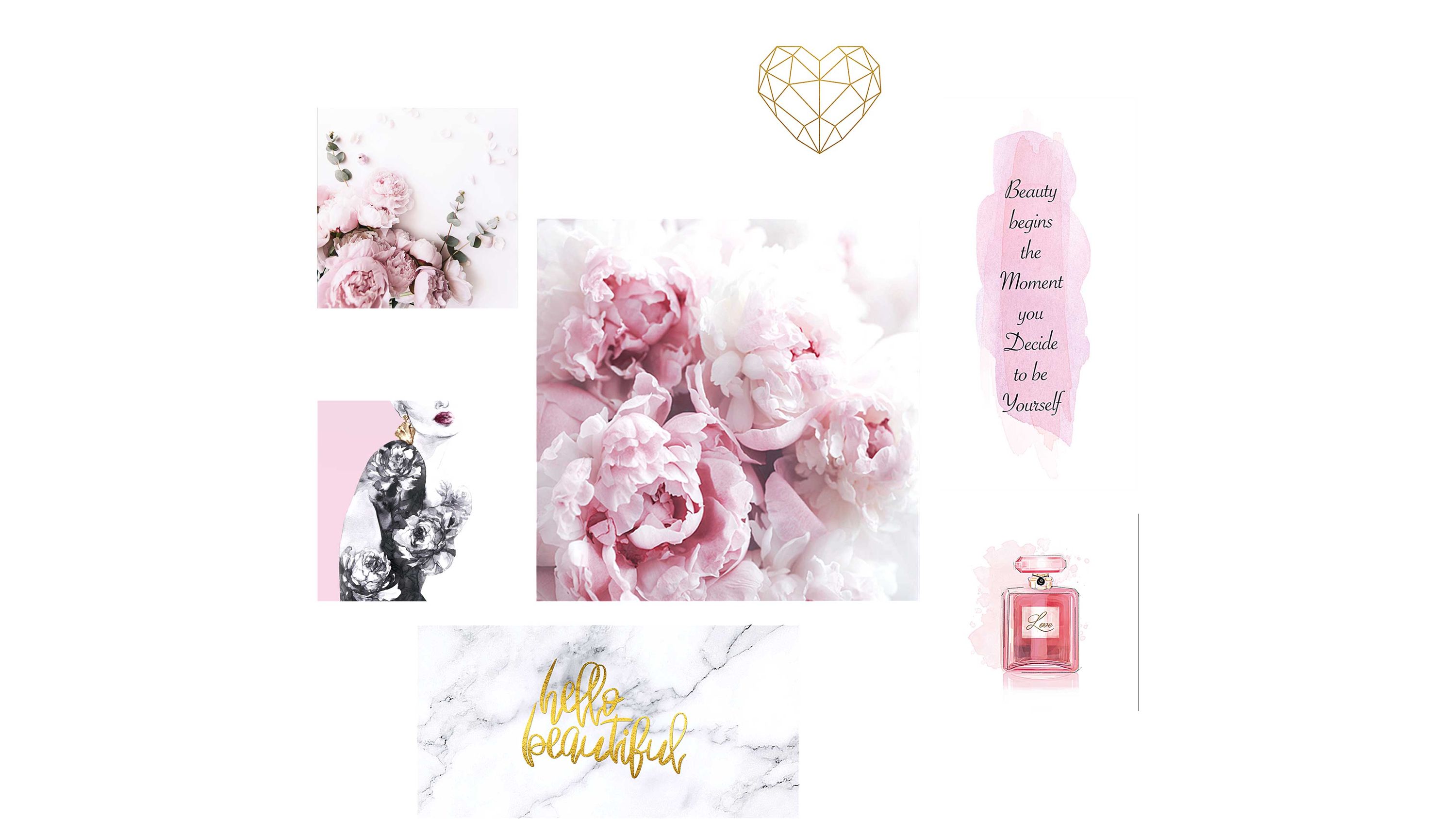 Siebenteilige Wandkunst mit rosa Blumen Schriftzügen und Parfümflasche auf weißem Hintergrund