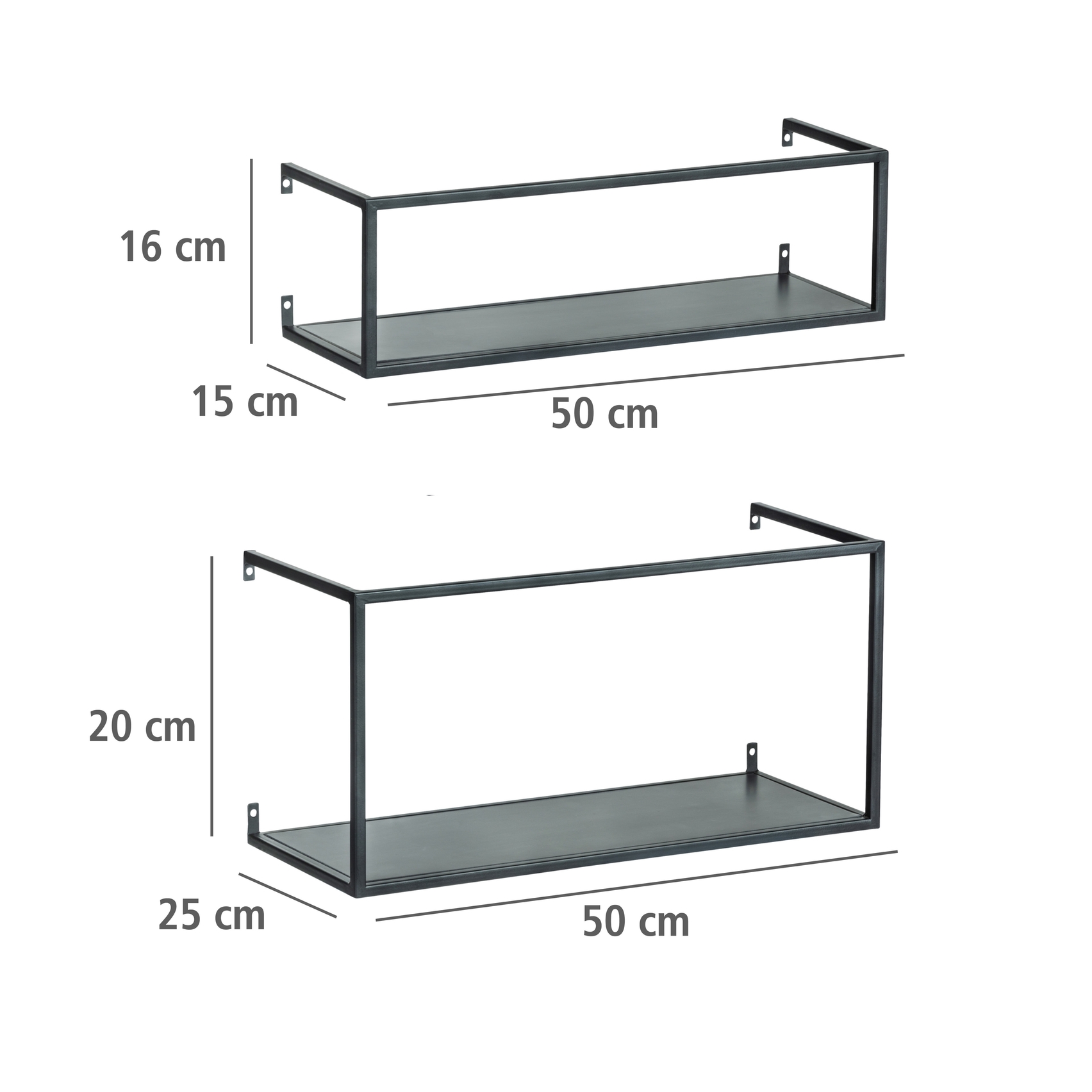 Frontal leicht schräge Ansicht von zwei Wandregalen aus schwarzem Metall (50×16×15 cm & 50×20×25 cm) zur Wandmontage