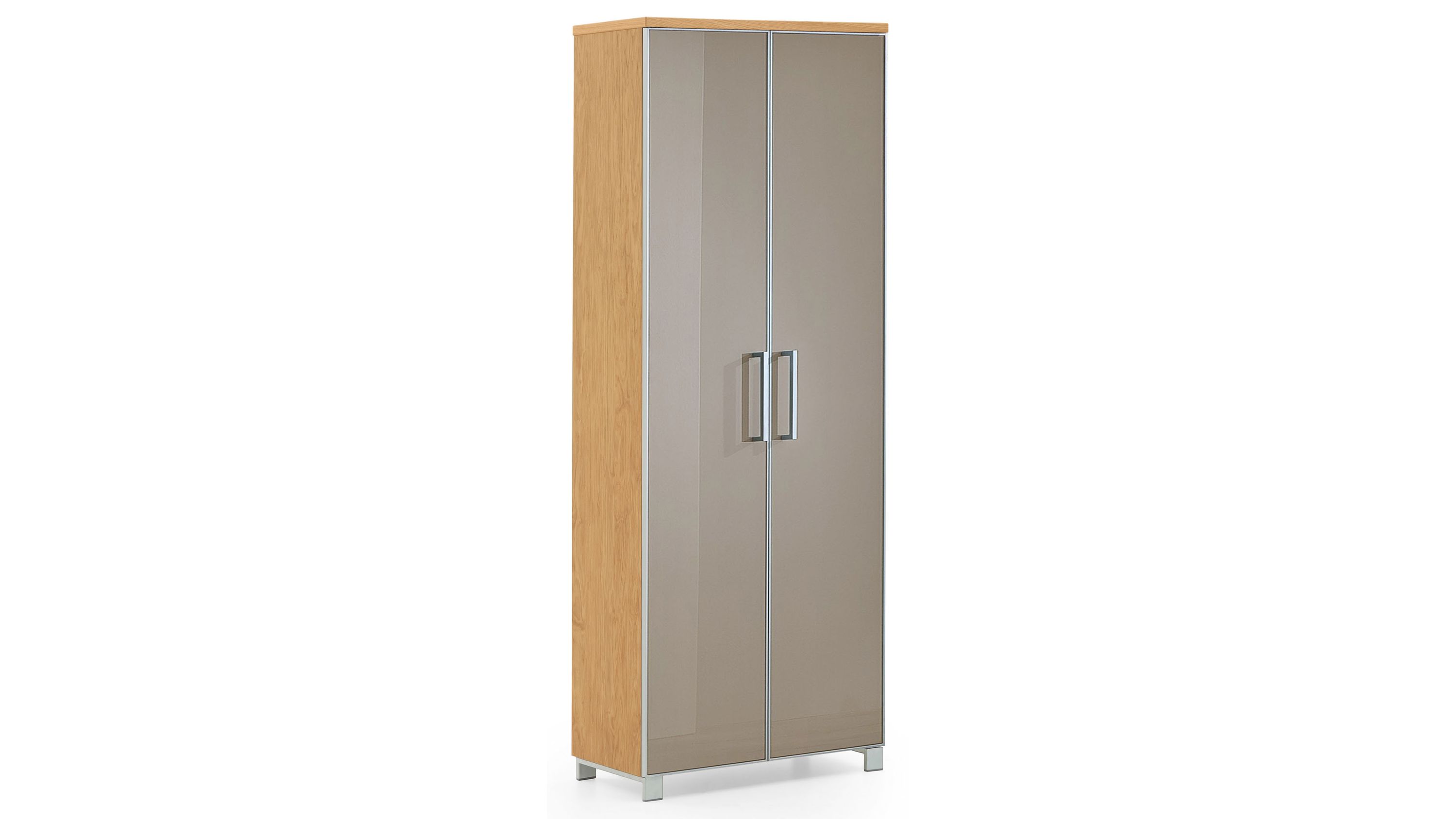 Garderobenschrank mit zwei taupefarbenen Glastüren und Holzoptik seitlich und oben