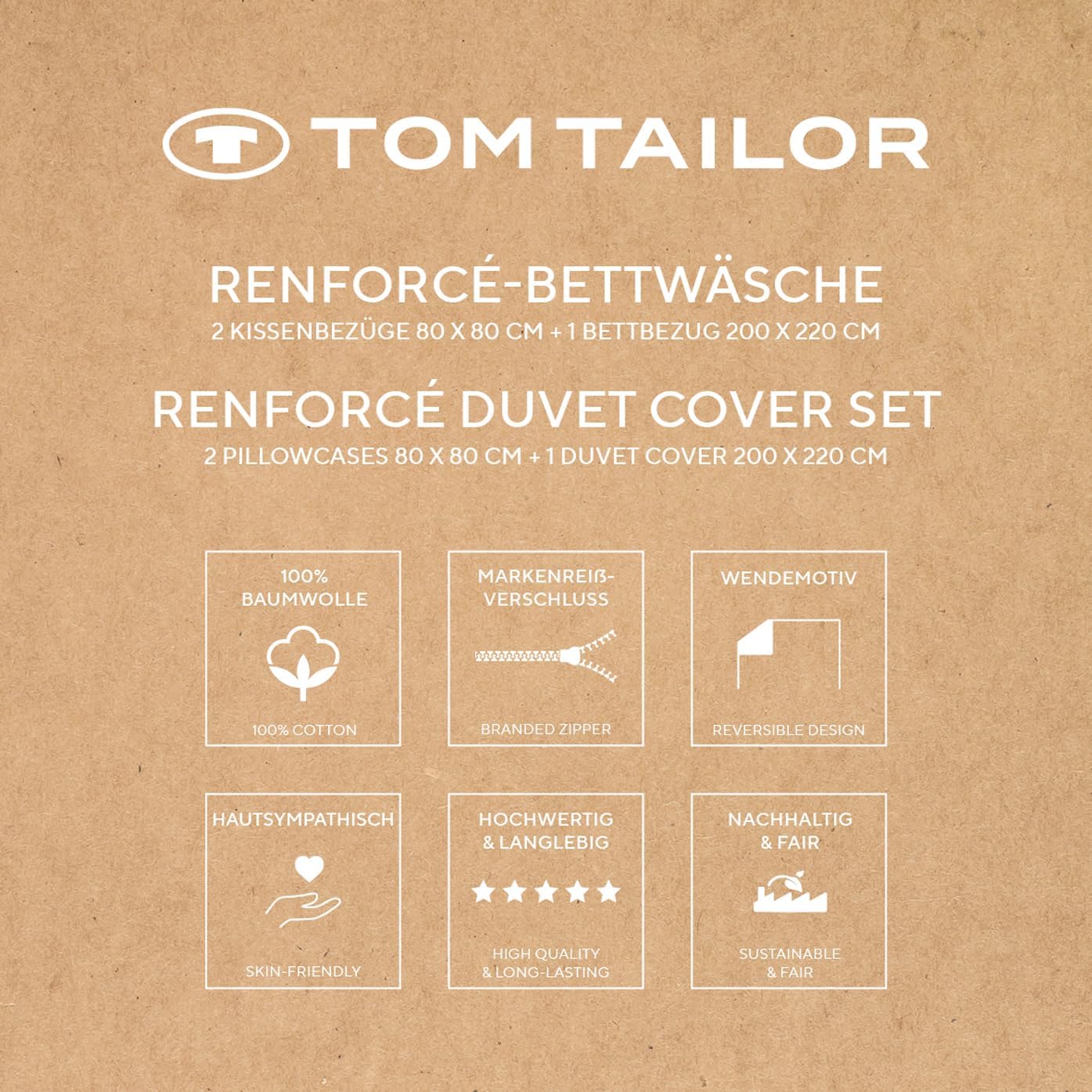 Verpackung Tom Tailor Renforce-Bettwäsche mit zweisprachiger Bezeichnung & sechs Symbolen zu Pflegehinweisen & Eigenschaften