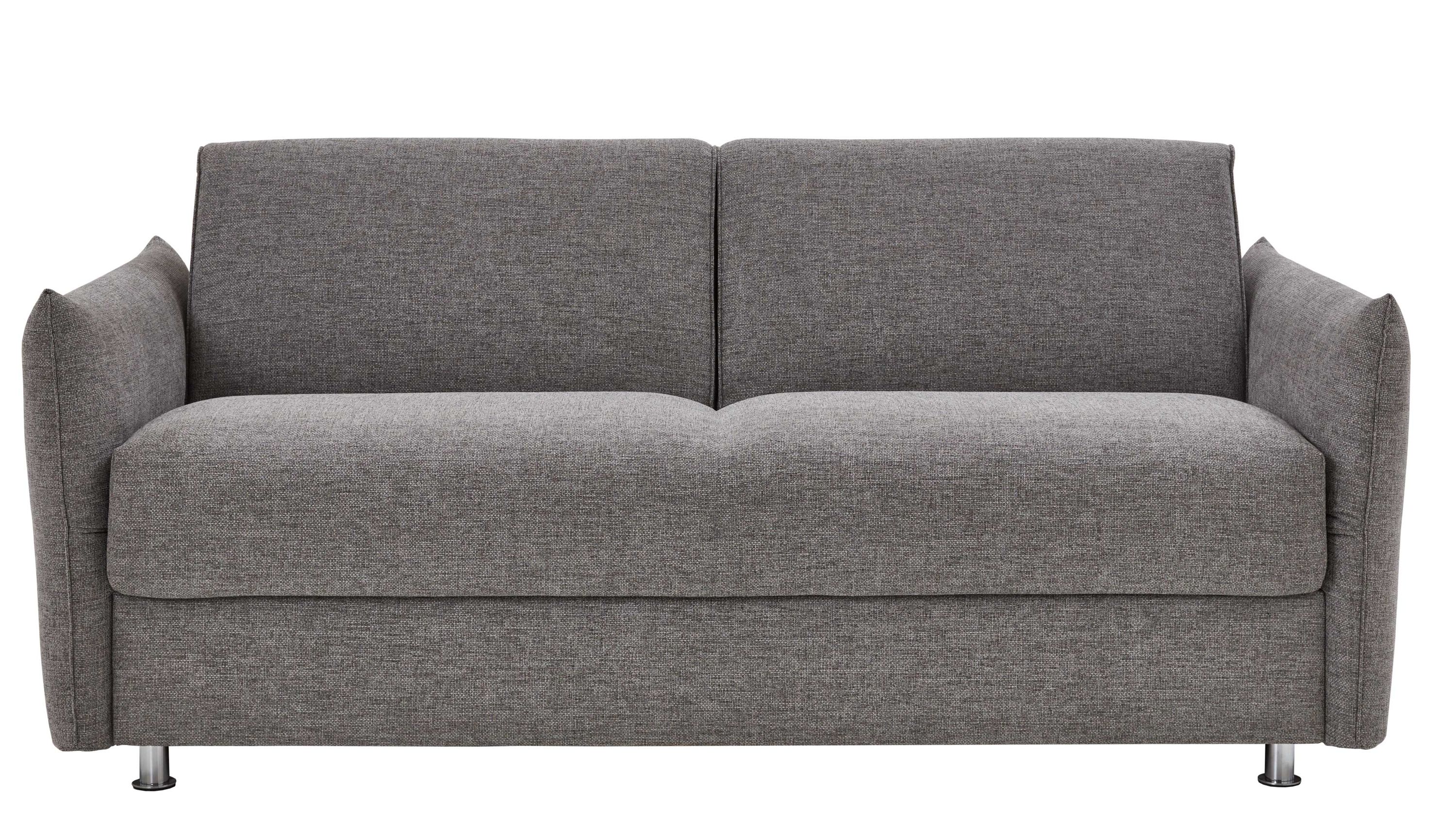 Schlafsofa mit grauem Stoffbezug zwei Rückenlehnen und chromfarbenen Metallfüßen