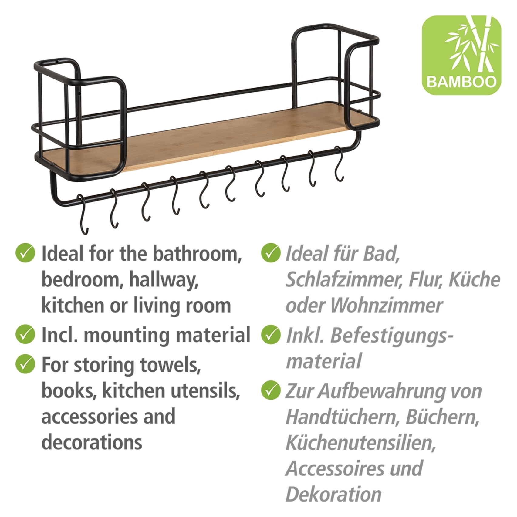 Wandregal mit schwarzem Stahlrahmen und Bambusablage zur Aufbewahrung von Handtüchern Büchern Küchenutensilien frontal