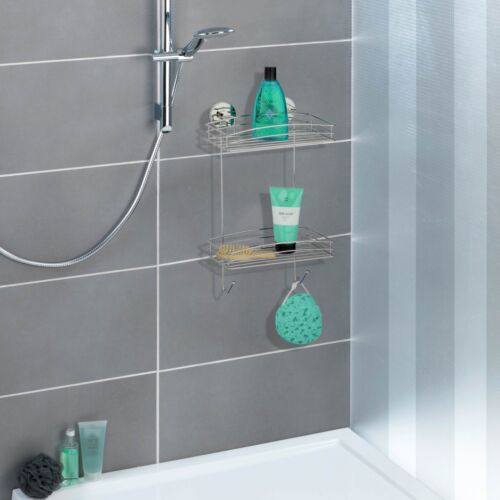 Wandregal mit Vacuum-Loc-System in grauer Duschkabine montiert  bietet Ablage für Shampoo  Duschgel und Schwamm