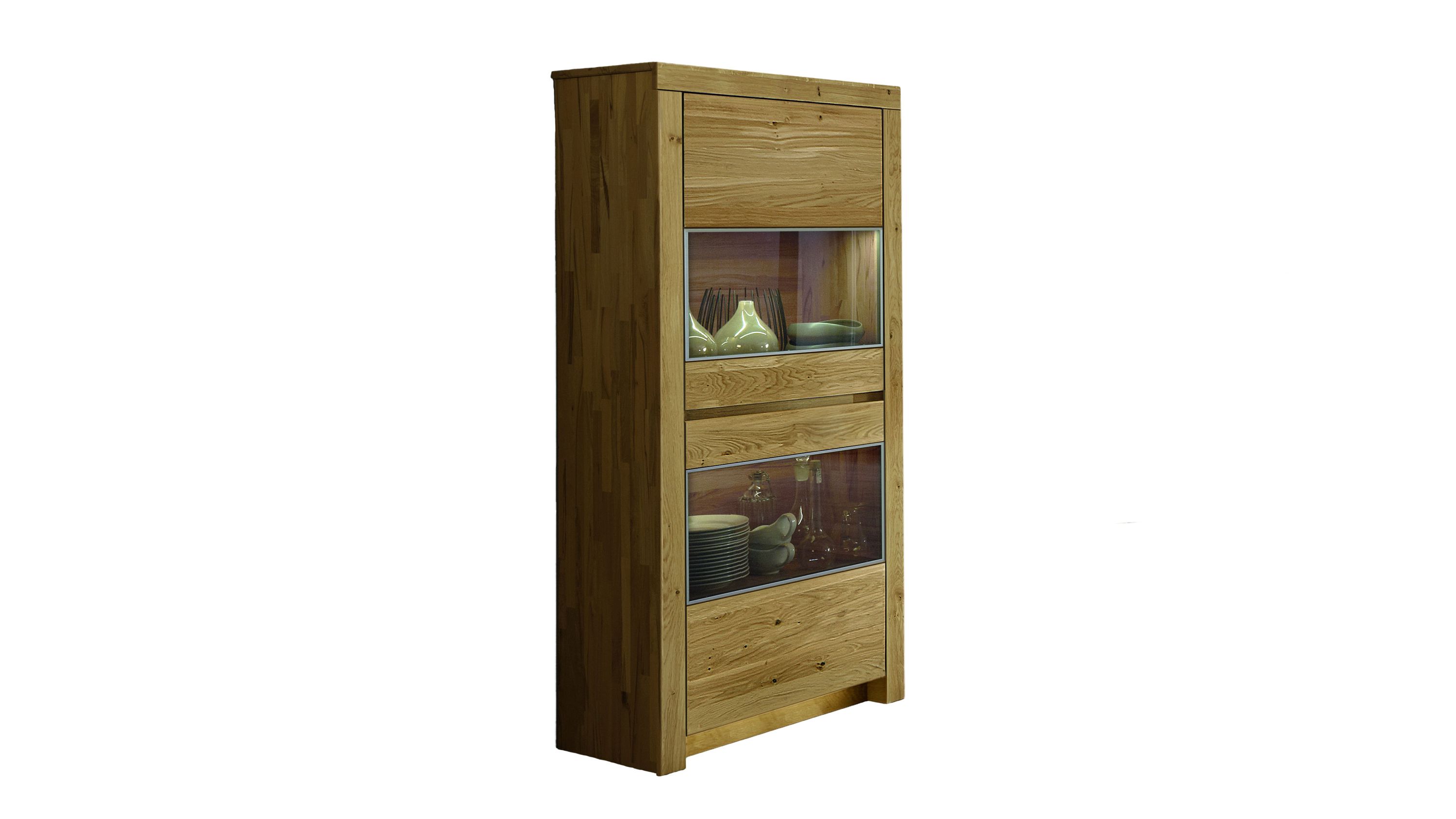 Vitrine mit zwei Glasausschnitten und zwei Türen aus Holz Vitrine aus Holz mit zwei Glasausschnitten und zwei Türen in natürlicher Holzfarbe