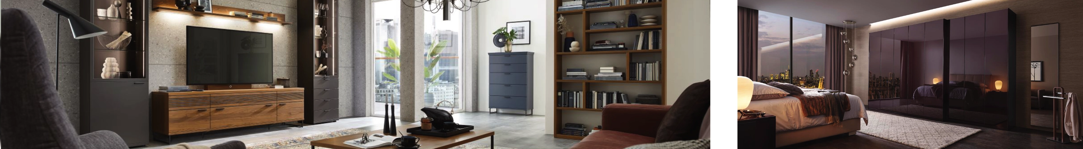 Modernes Wohnzimmer mit TV-Wand, Bücherregal und Sofa neben großem Fenster; daneben stilvolles Schlafzimmer mit Glasfront.