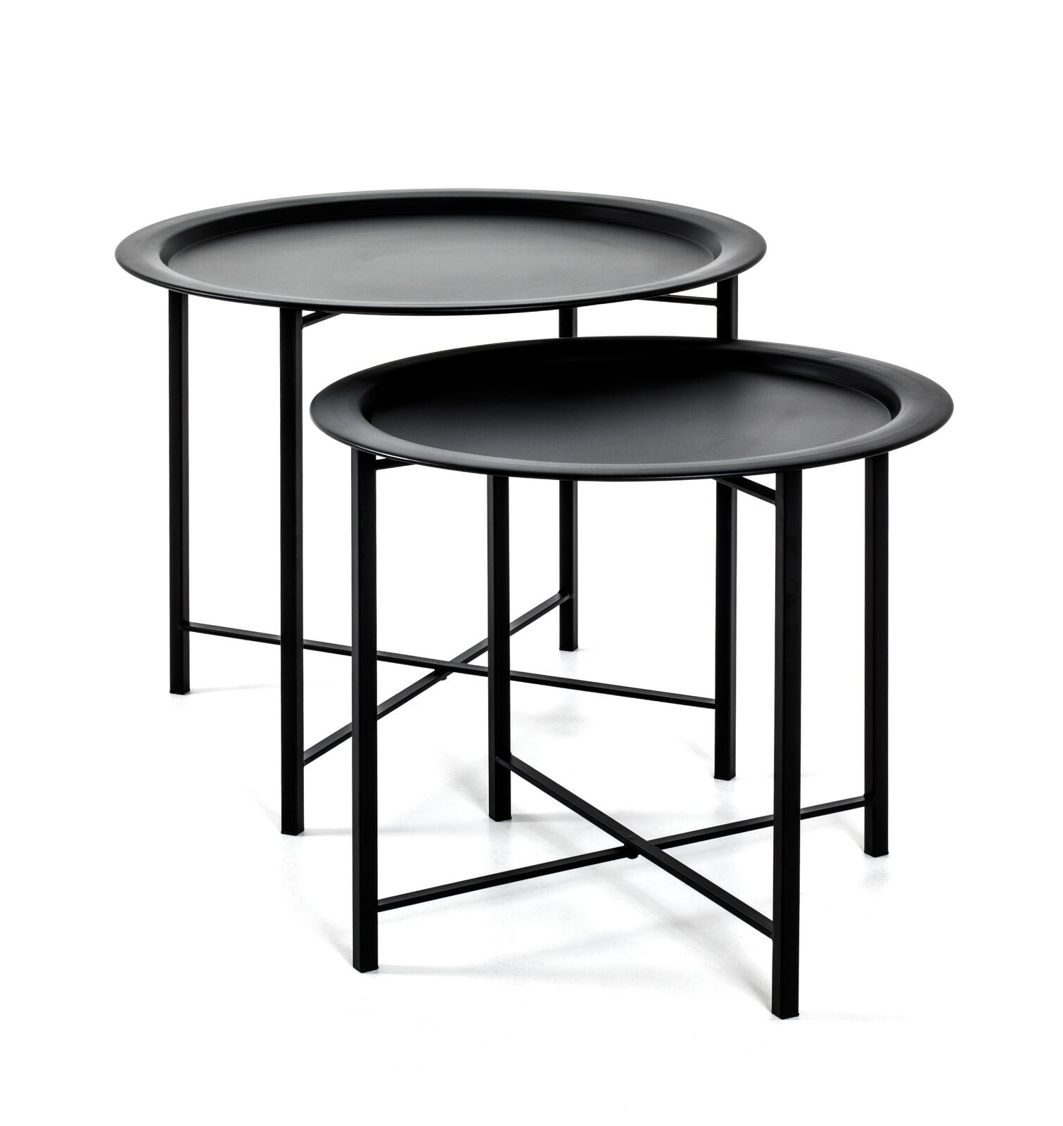 Schwarzes Couchtisch-Set mit zwei runden Metalltischen in unterschiedlicher Höhe