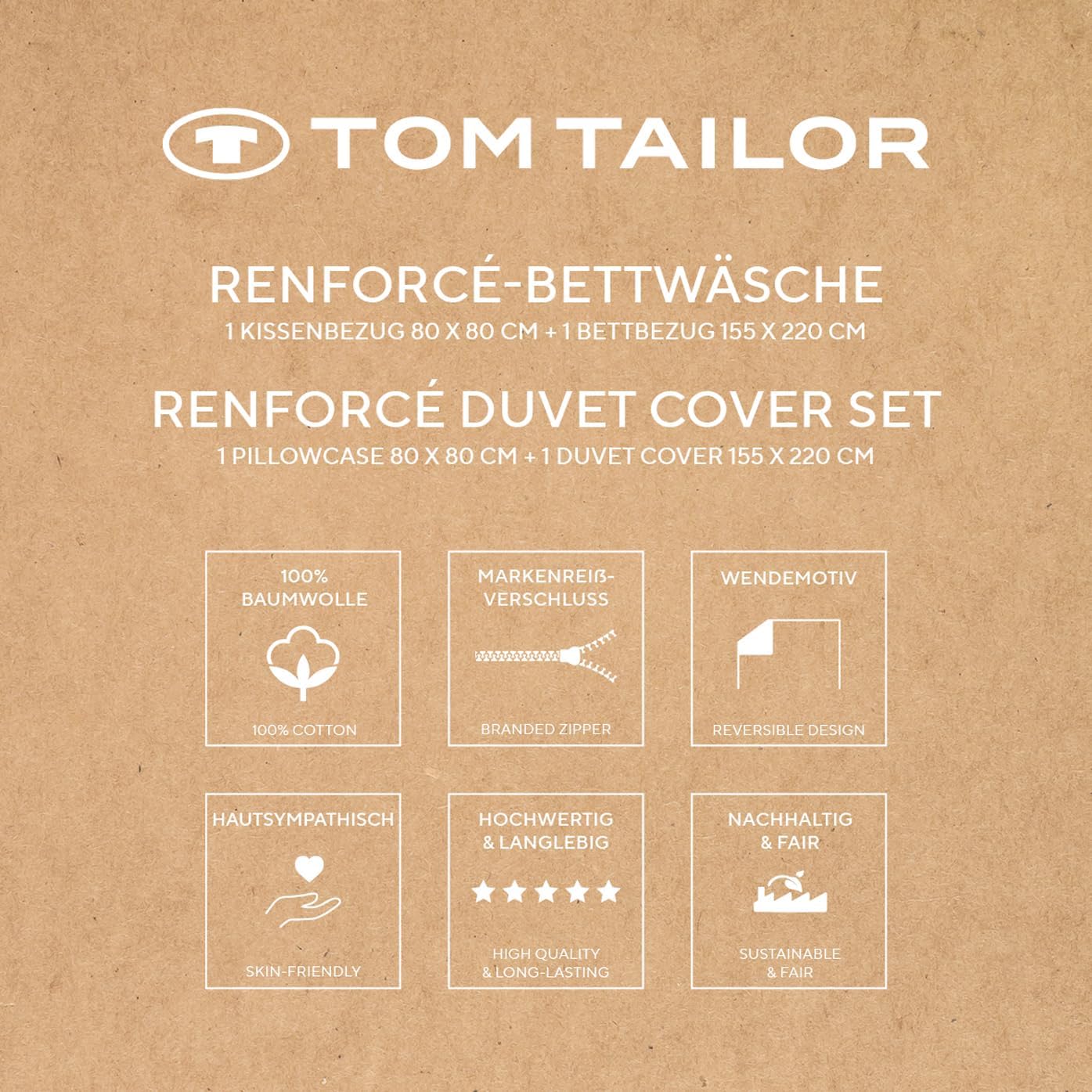 Verpackung Tom Tailor Renforce-Bettwäsche mit zweisprachiger Bezeichnung & sechs Symbolen zu Pflegehinweisen & Eigenschaften