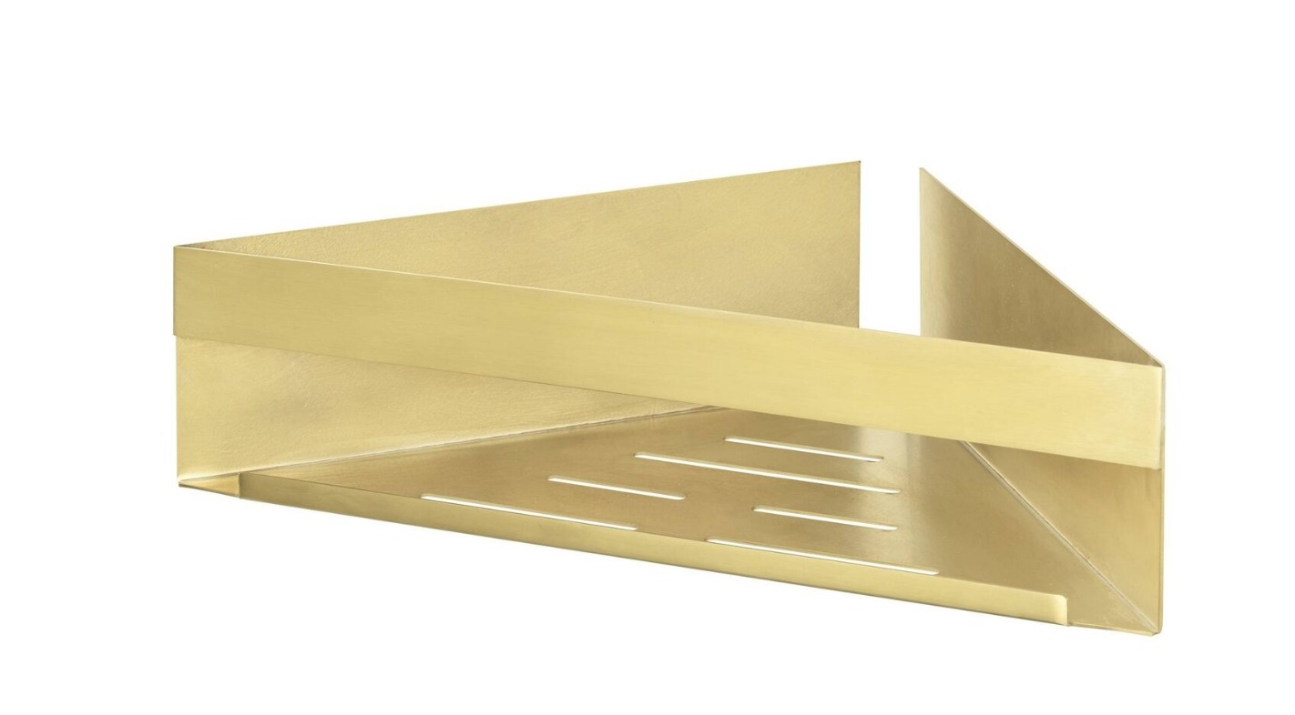 Dreieckige matt-goldene Wand-Eckablage, leicht schräg und erhöht in Raumecke fotografiert Leicht schräge erhöhte Aufnahme dreieckiger matt-goldener Wand-Eckablage montiert in einer Raumecke