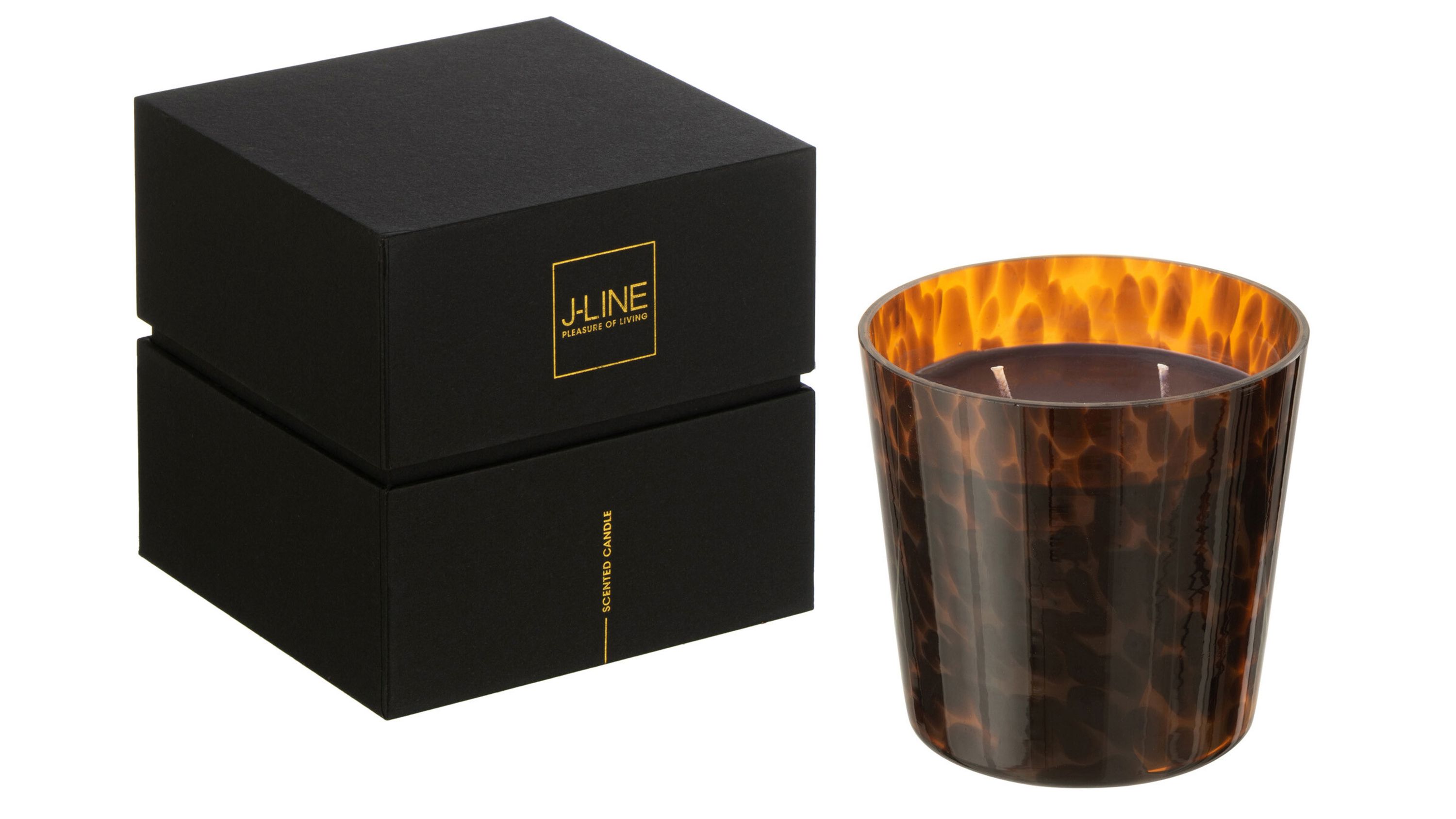 Runde Duftkerze im braunen Glas mit Geschenkbox Braune Duftkerze mit zwei Dochten in rundem Glasbehälter neben schwarzer Geschenkbox