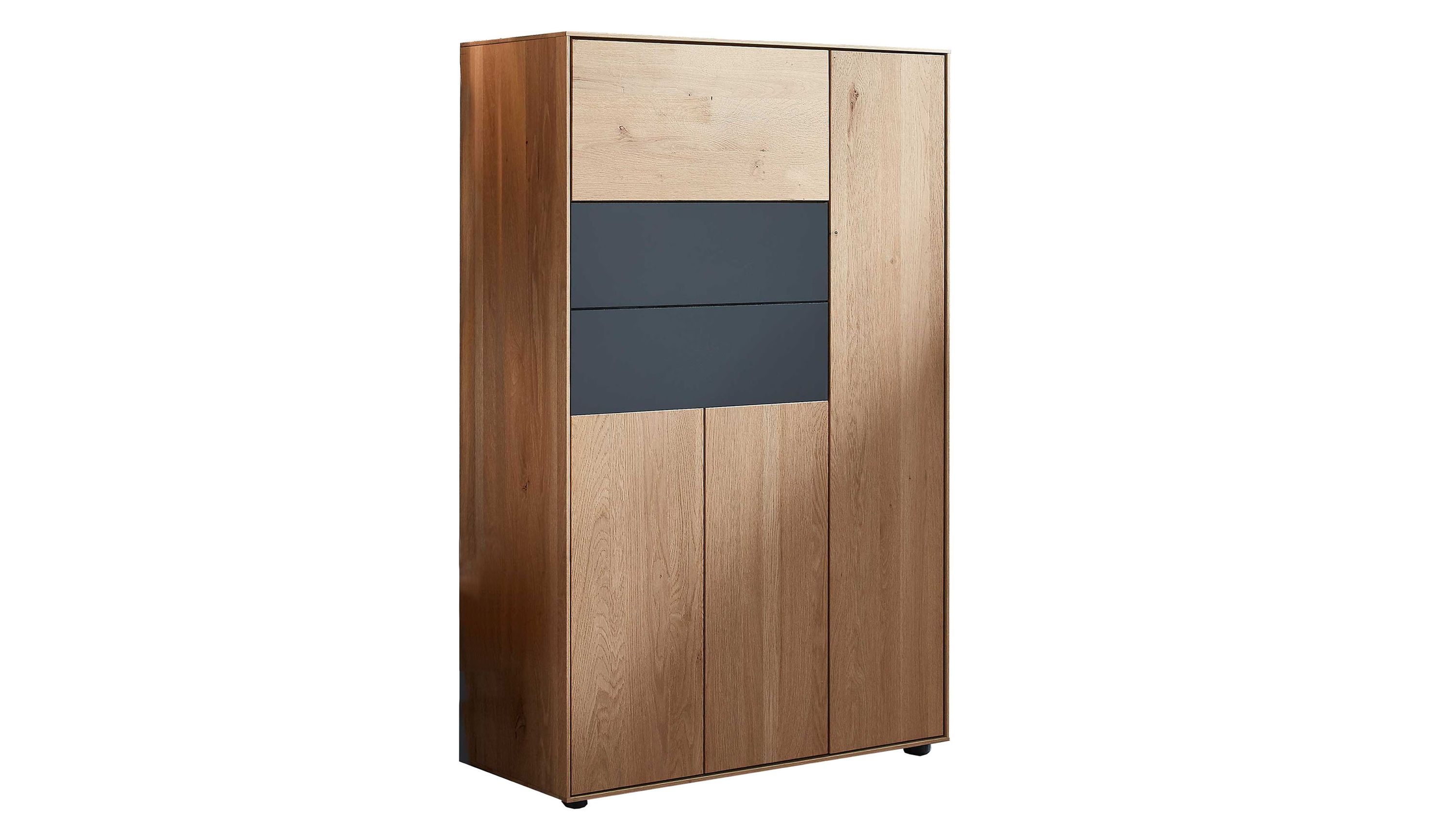 Stauraumschrank mit einer Tür links Front aus hellem und dunklem Holz sowie anthrazitfarbenen Metallflächen