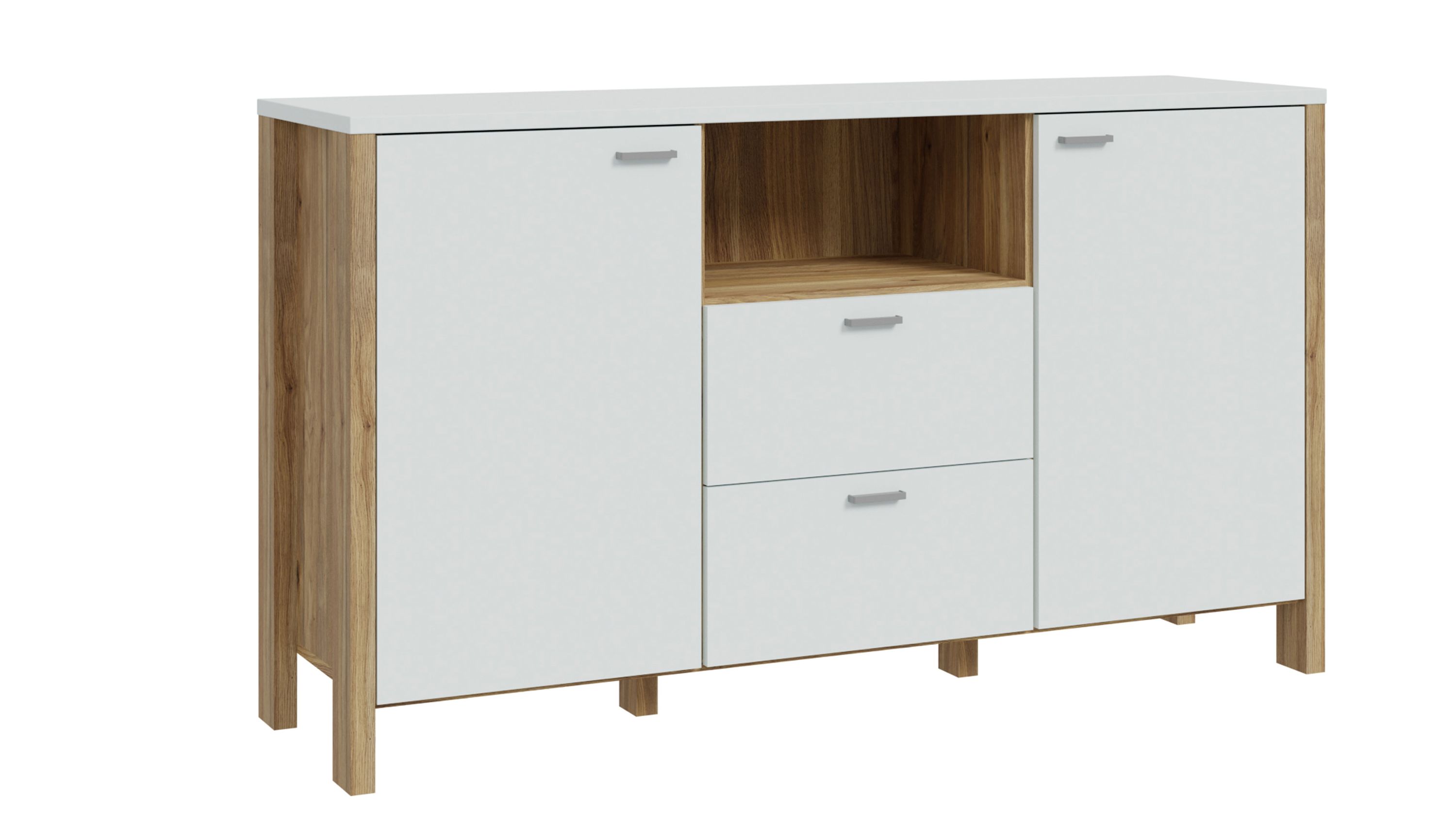 Sideboard mit zwei Türen zwei Schubladen und offenem Fach in hellgrau und holzfarben