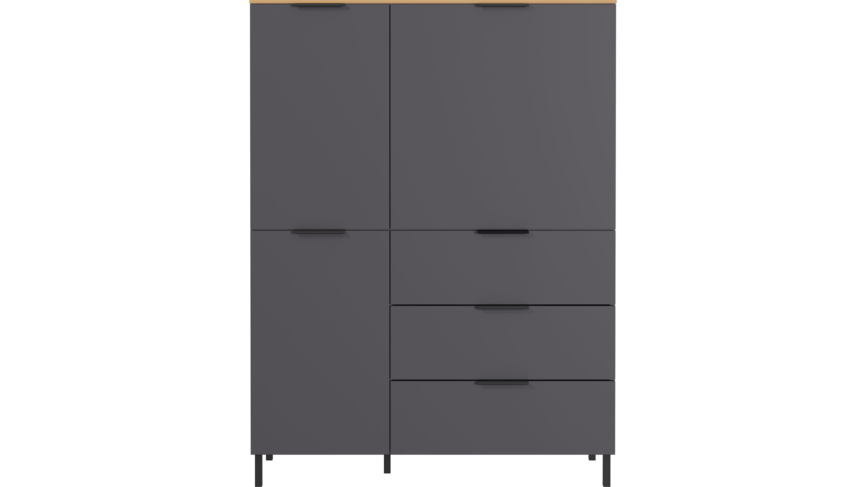 Hohes Sideboard mit Türen und Schubladen in Grau und Holz Hohes Sideboard mit vier Türen und drei Schubladen in dunklem Grau mit hellem Holz oben