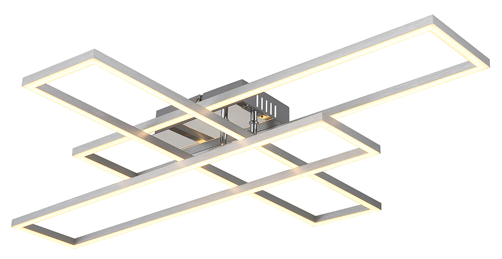 Moderne Deckenleuchte mit überlappenden rechteckigen Leuchtelementen in silberner Farbe