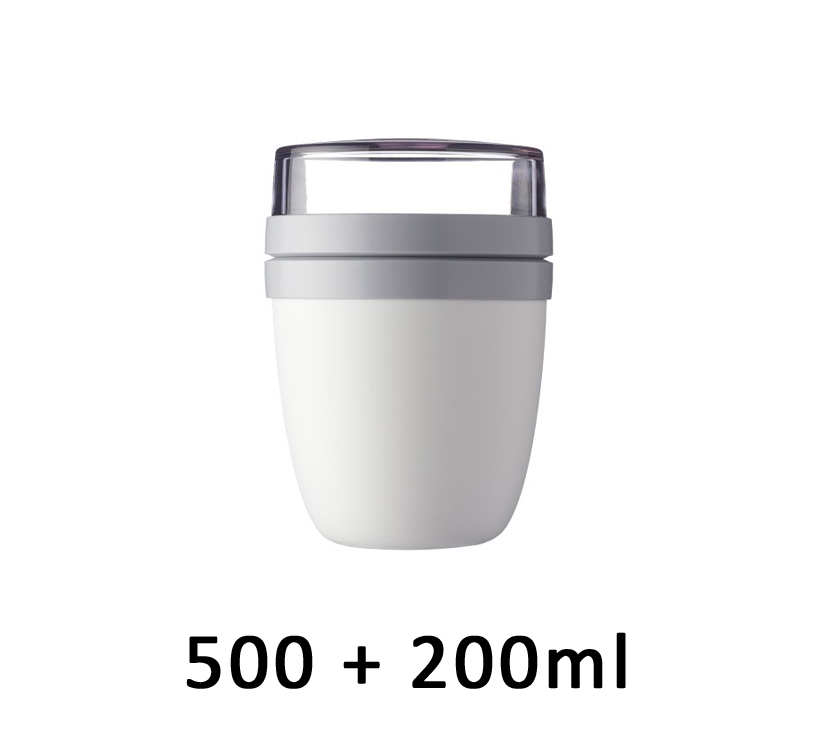 Weißer Behälter mit grauem Deckel und transparentem Aufsatz, Beschriftung 500 + 200 ml