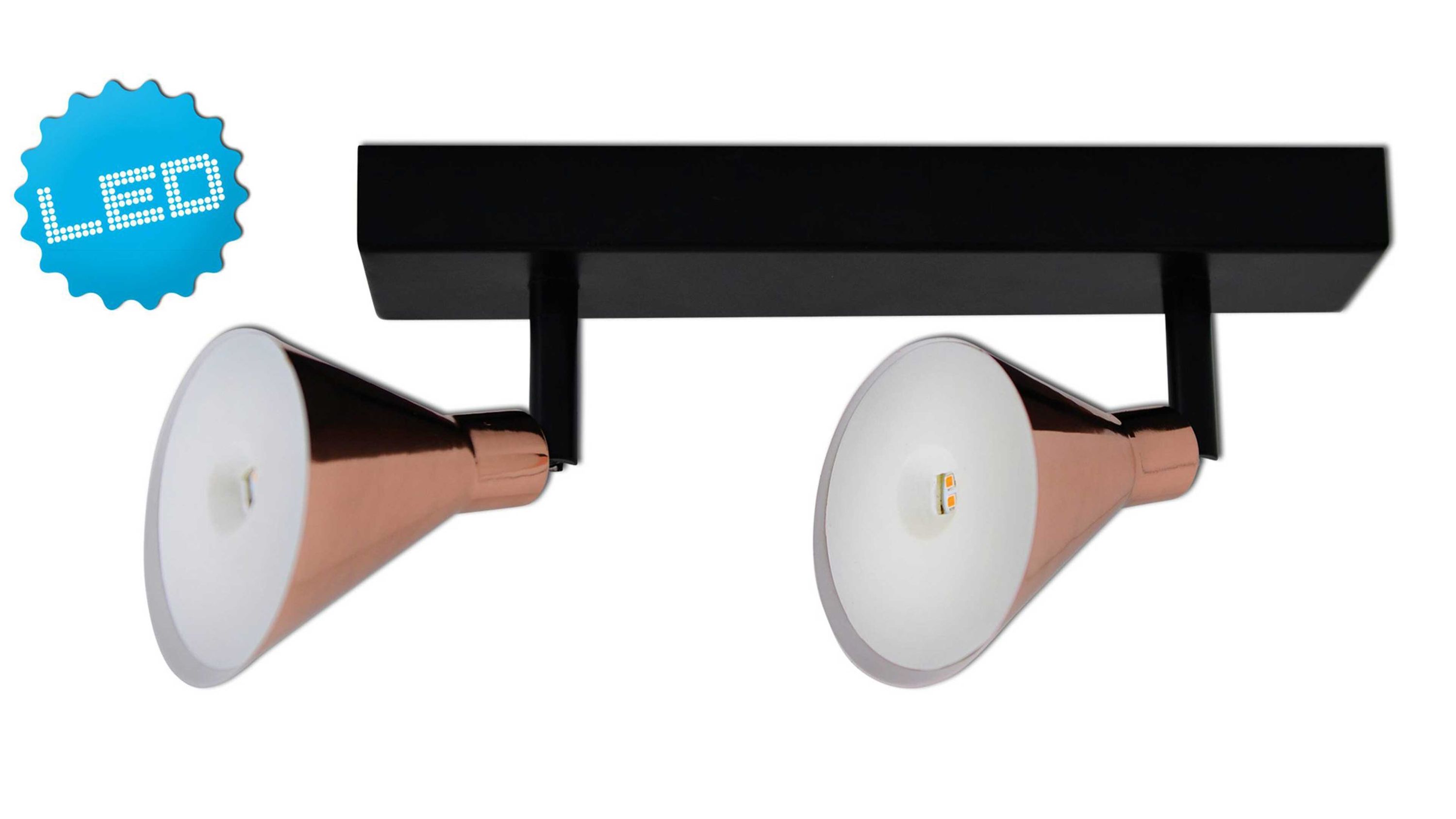 LED-Wand- und Deckenspot mit zwei kupferfarbenen Leuchtenköpfen Zweiflammiger Spot mit kupferfarbenen konischen Leuchtenköpfen und schwarzer rechteckiger Basis