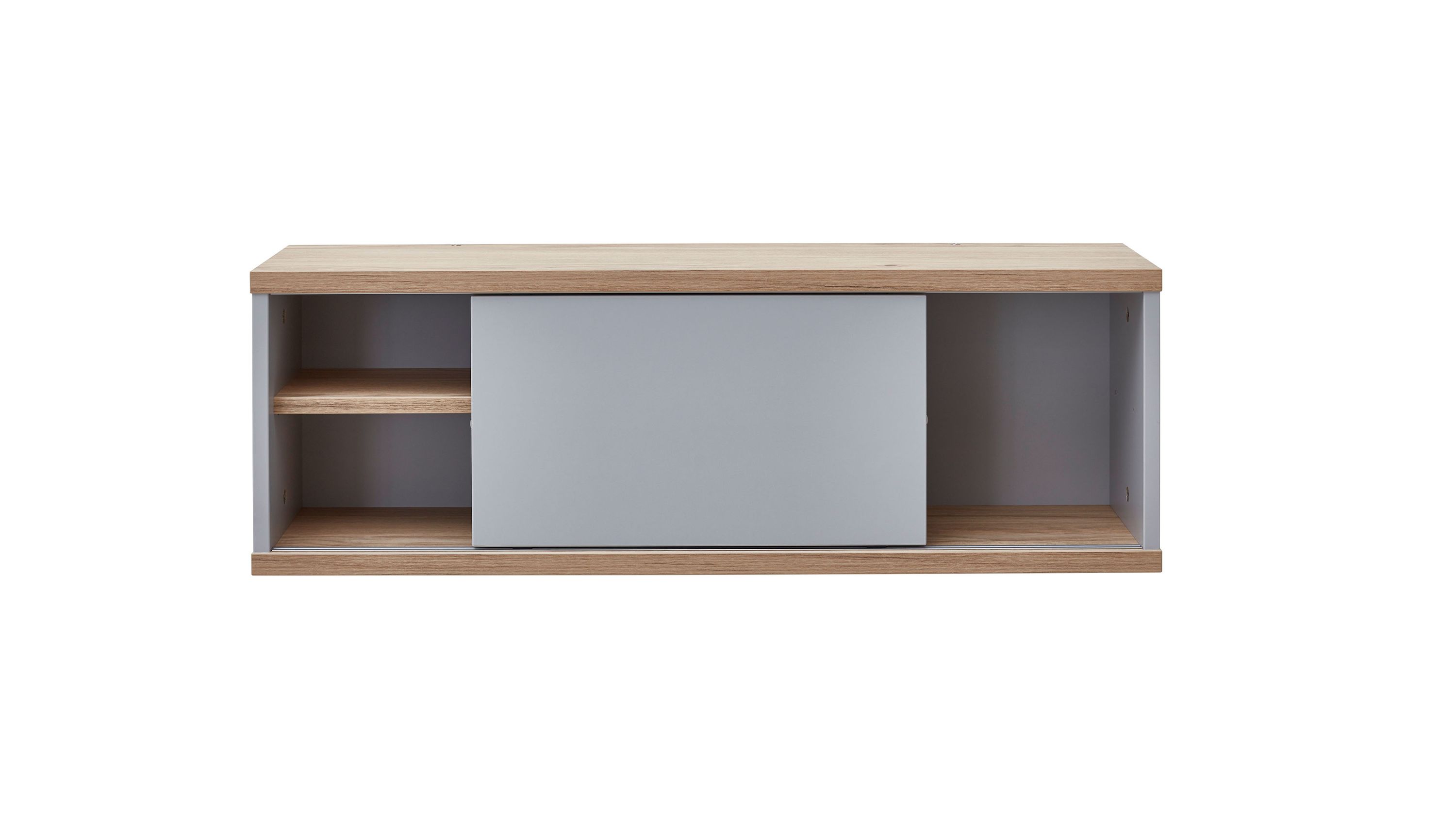 Wandregal mit Schiebetür in Holzoptik und Grau Rechteckiges Wandregal mit zwei offenen Fächern und einem mittleren Fach mit schiebbarer grauer Tür in Holzoptik