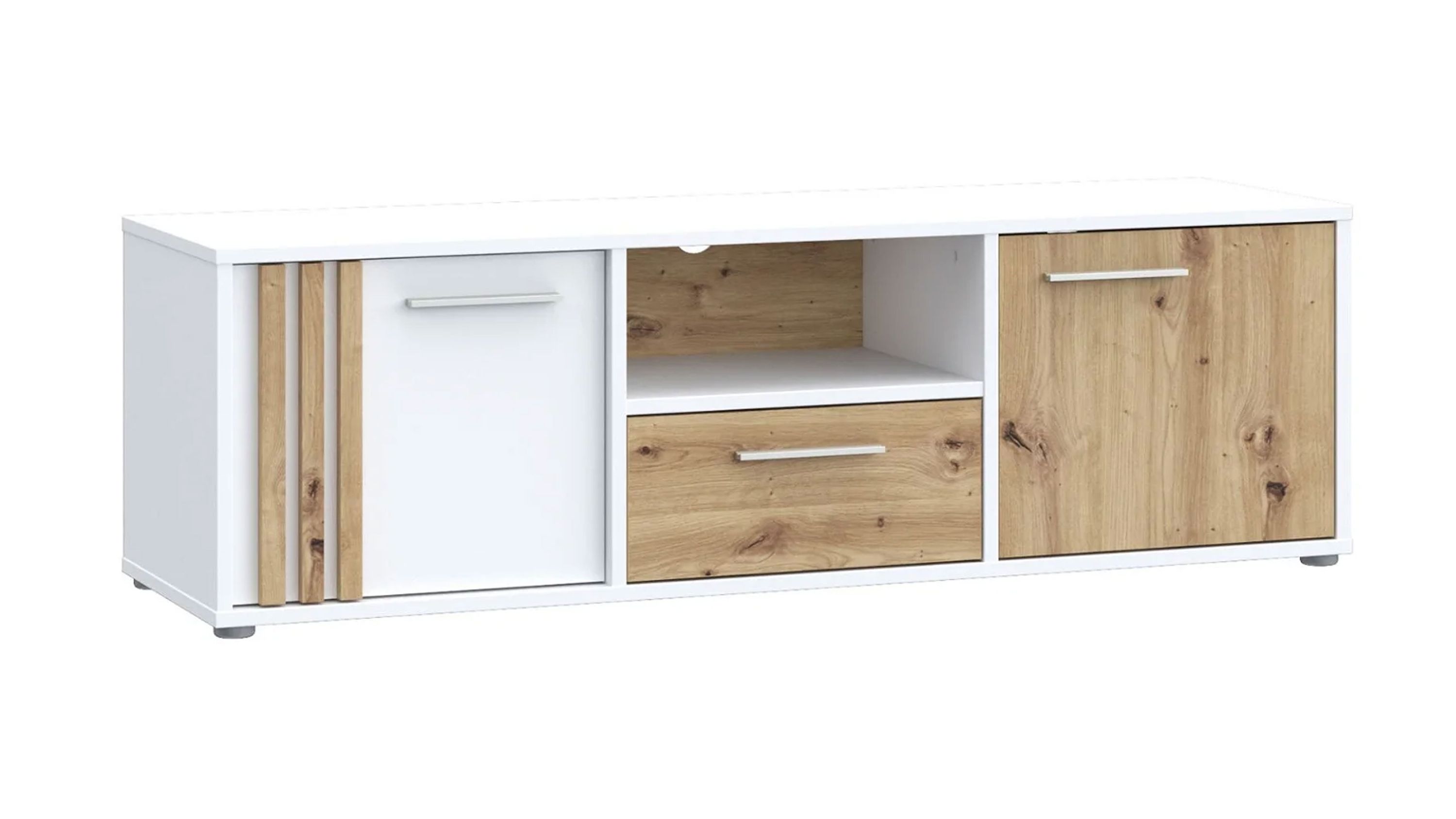 Weiße Kommode mit Holzfronten und Schublade Weiße Kommode mit drei Fächern zwei Türen und einer Schublade in Holzoptik