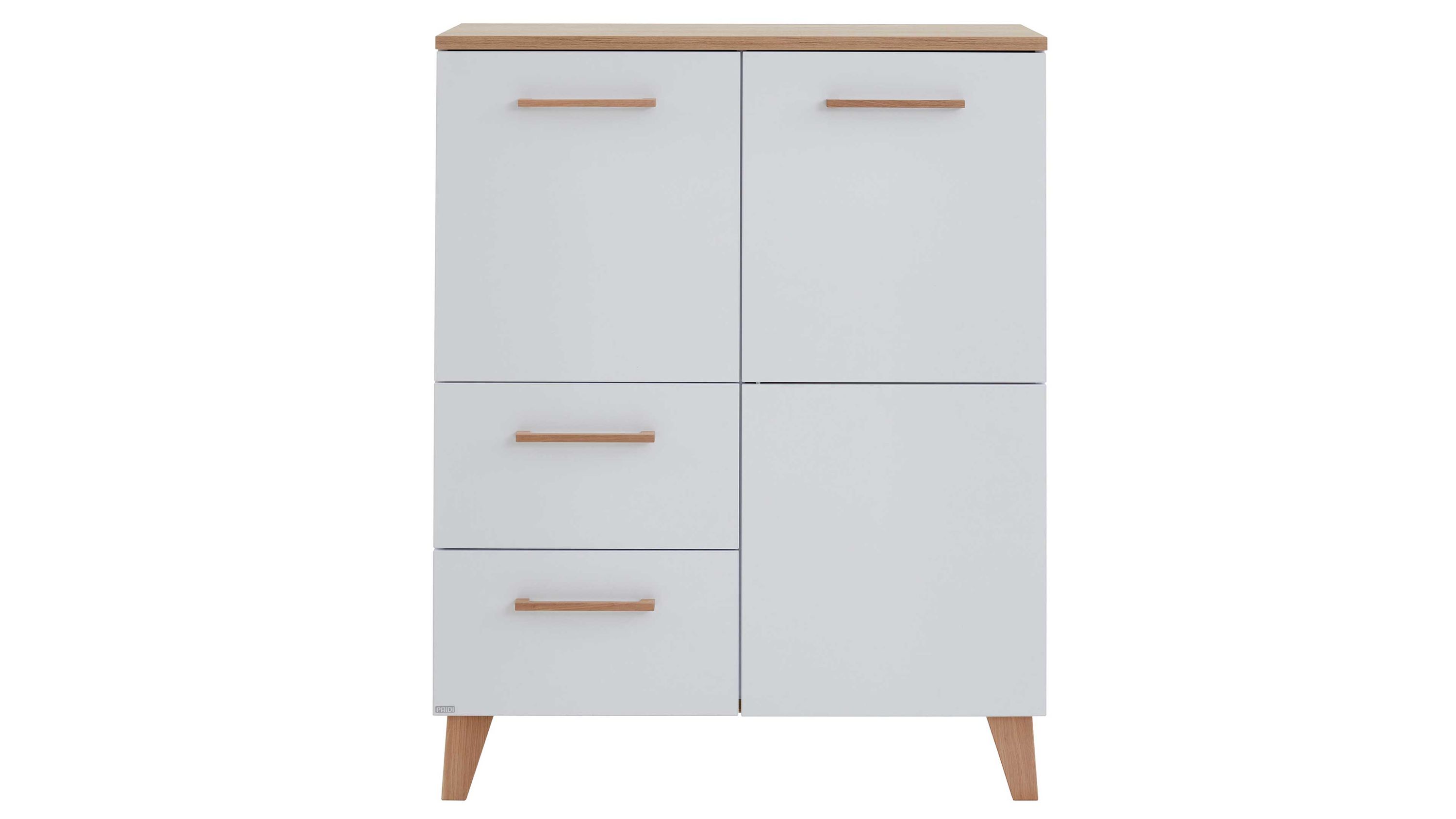 Hochschrank mit Türen und Schubladen in Weiß und Holzoptik Hochschrank mit zwei weißen Türen und zwei weißen Schubladen Holzgriffe und Holzplatte oben