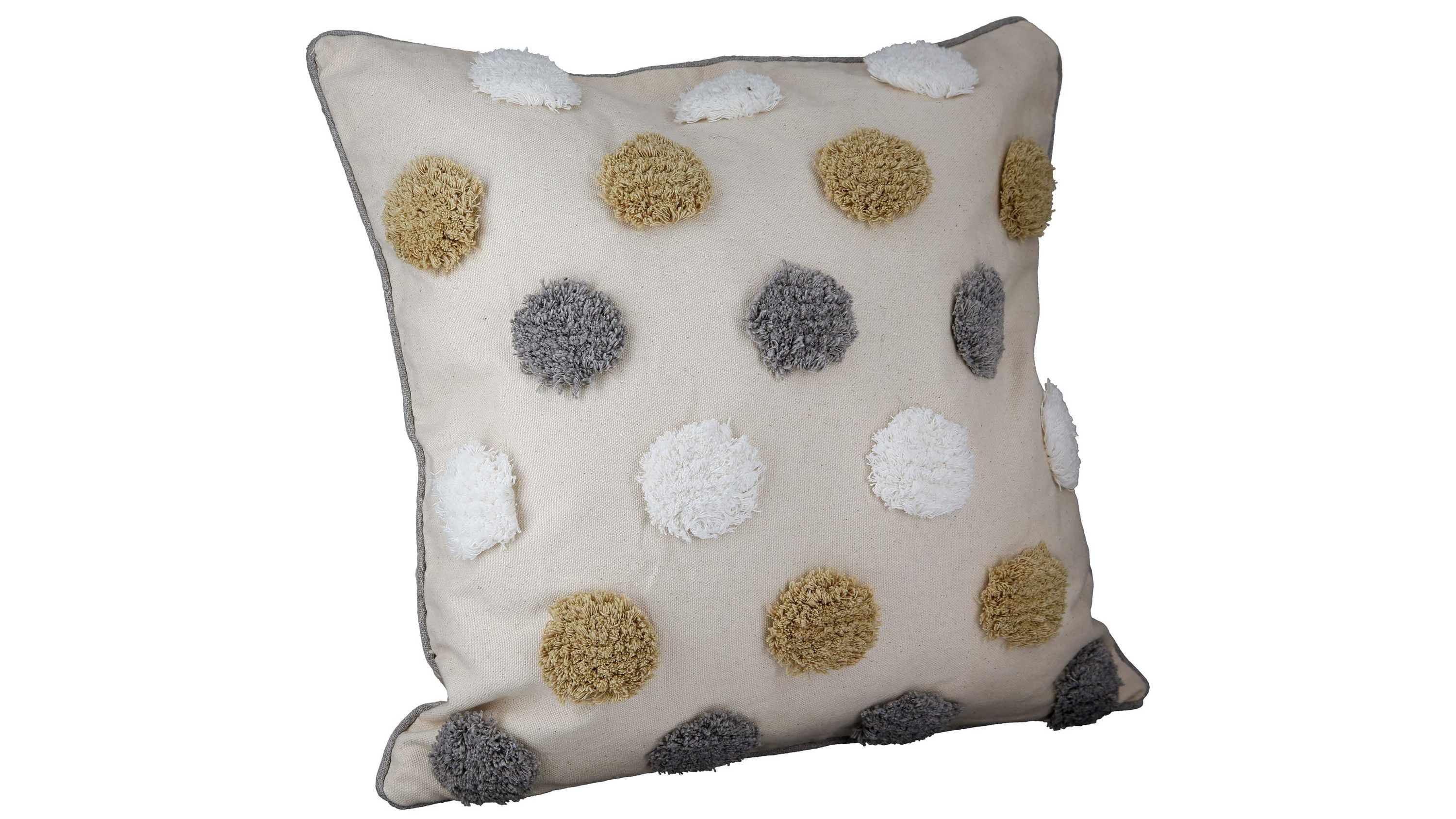 Kissenhülle mit bunten Pompons auf cremefarbenem Stoff Quadratische Kissenhülle mit cremefarbenem Grund und aufgenähten Pompons in Weiß Grau und Beige
