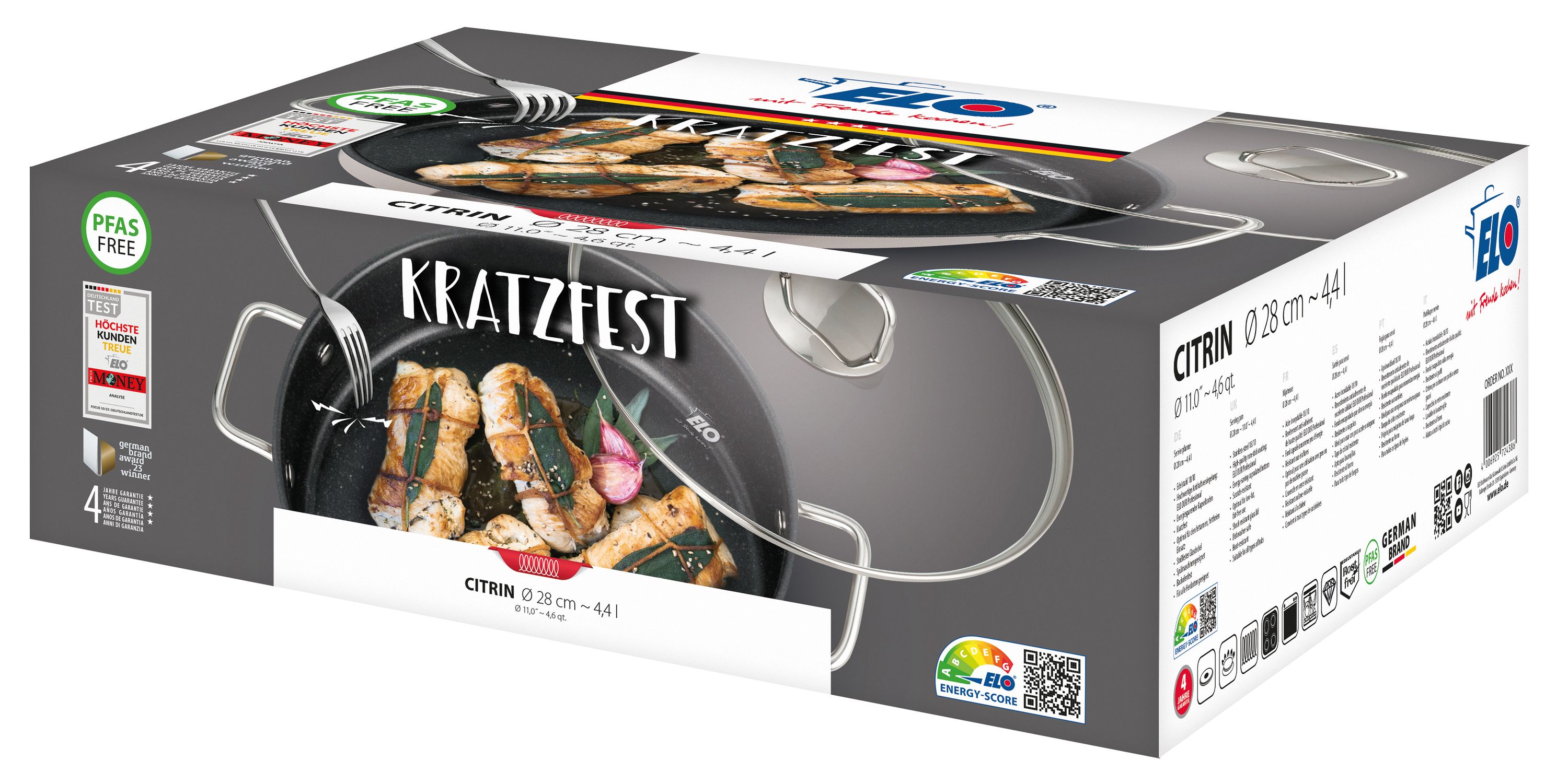 Frontalansicht einer Verpackung mit Abbildung eines Edelstahlkochtopfs und Symbolen für Spülmaschine Induktion Ofen