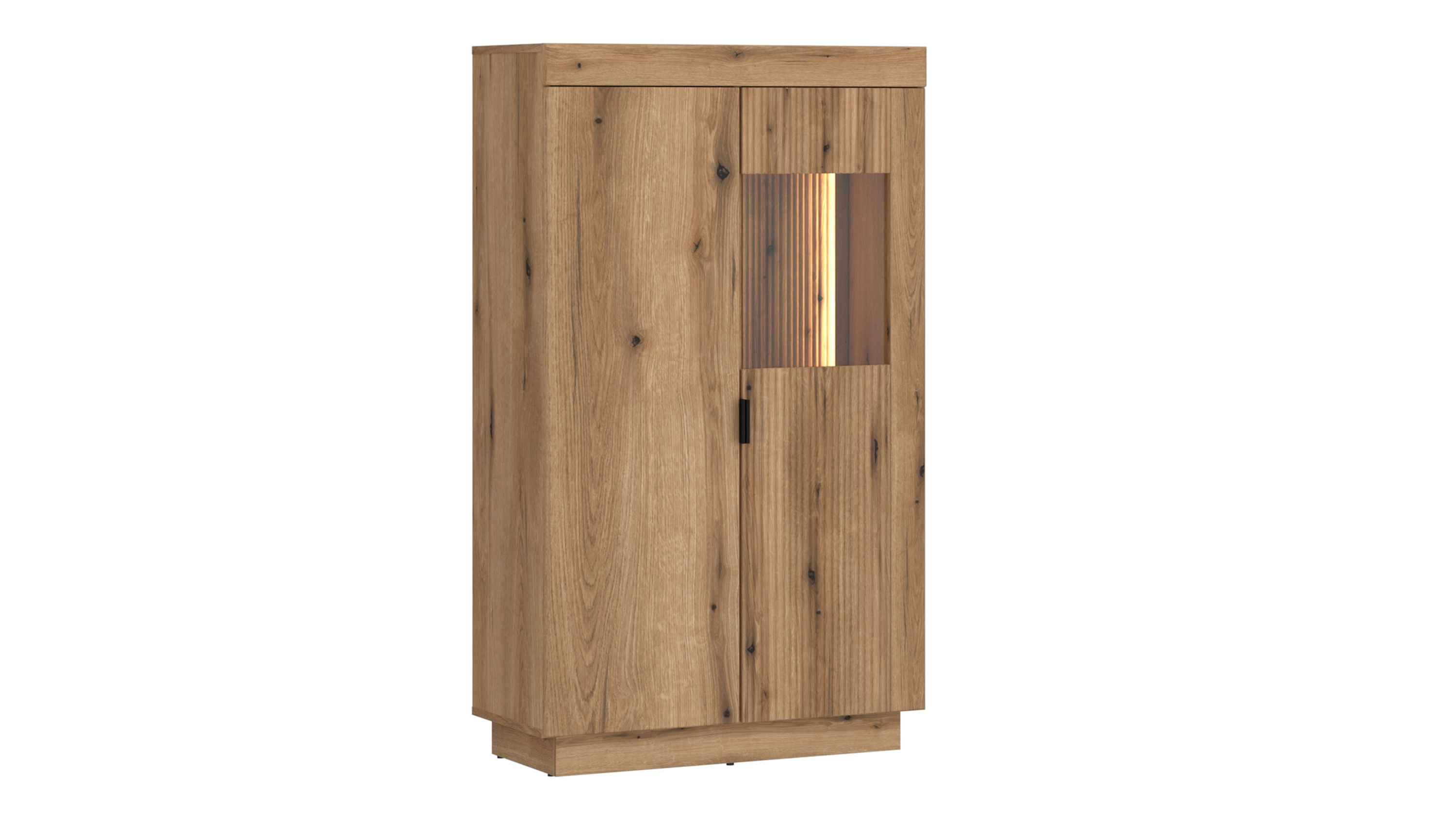 Vitrine mit zwei Türen eine mit Glasfenster in Holzoptik mit schwarzen Griffen