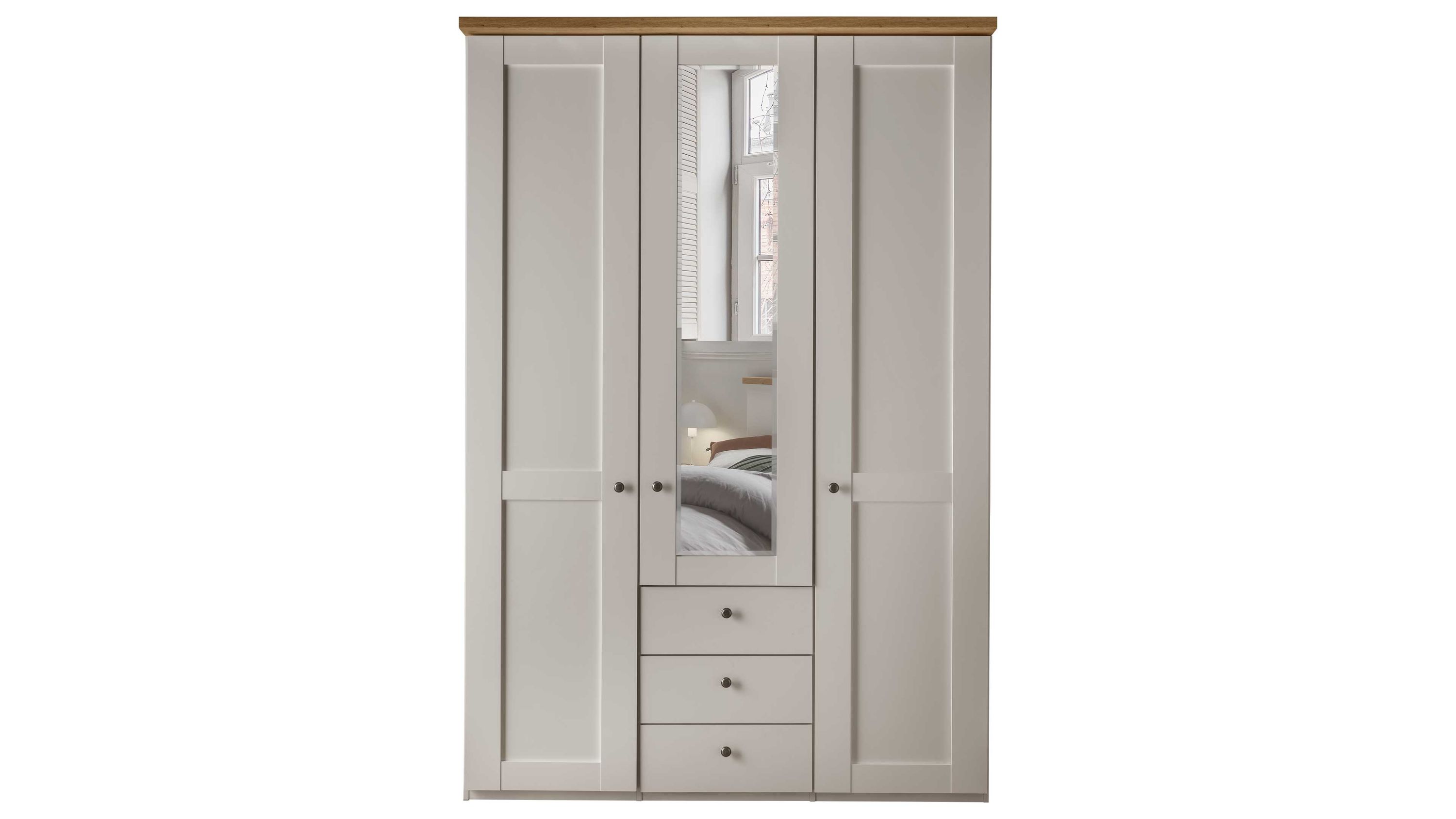 Kleiderschrank mit drei Türen und Spiegel Kleiderschrank mit drei weißen Türen mittlerer Tür mit Spiegel drei Schubladen unter dem Spiegel brauner Abschluss oben