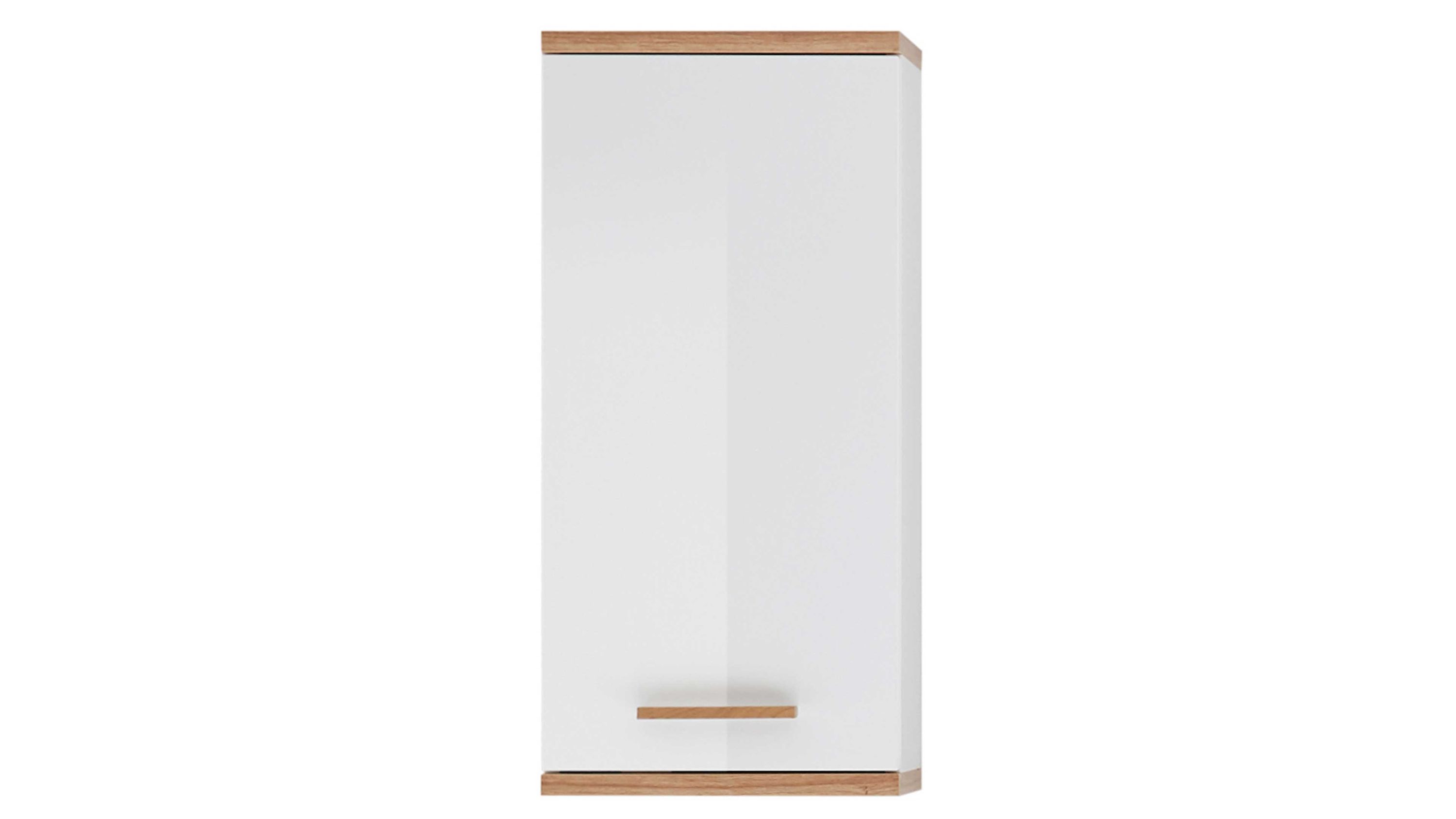Hängeschrank mit einer Tür in Weiß und Holzoptik Hängeschrank mit einer weißen Tür und Holzoptik an Ober- und Unterkante