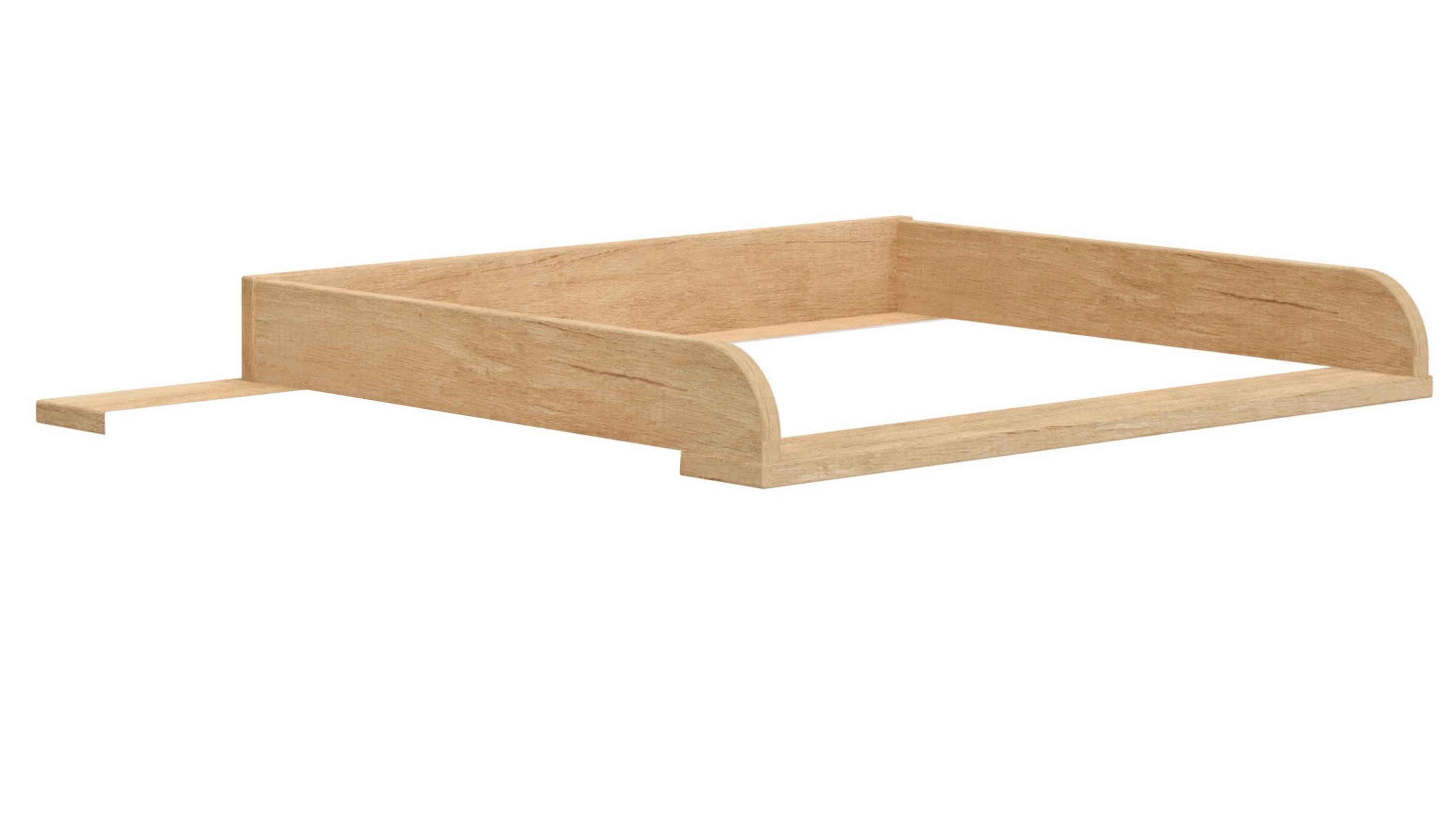 Wickelaufsatz aus hellem Holz mit erhöhten Seitenwänden und offenem vorderen Rand