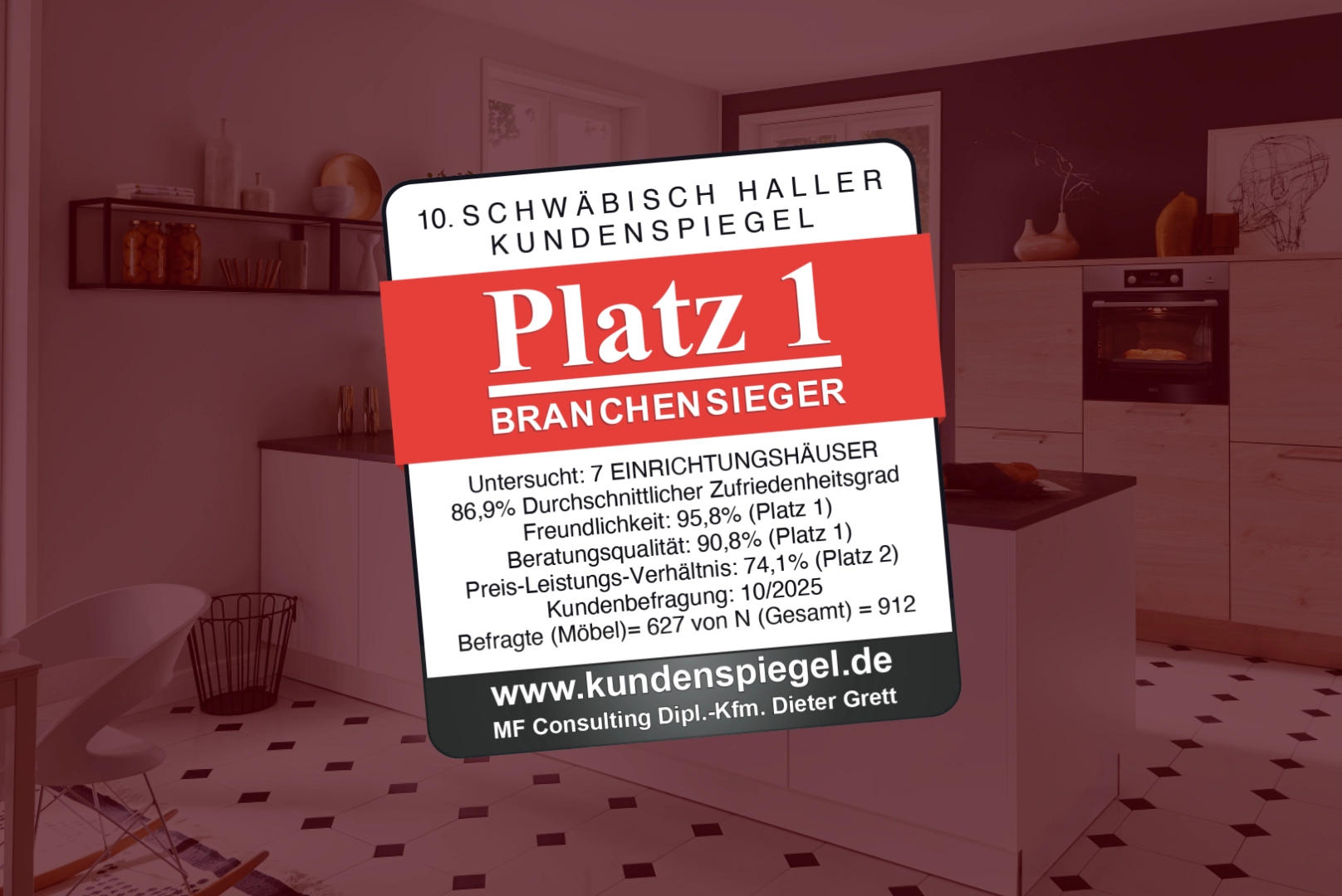 Auszeichnung „Schwäbisch Haller Kundenspiegel“ mit Platz 1 als Branchensieger im Bereich Einrichtungshäuser auf rotem Hintergrund