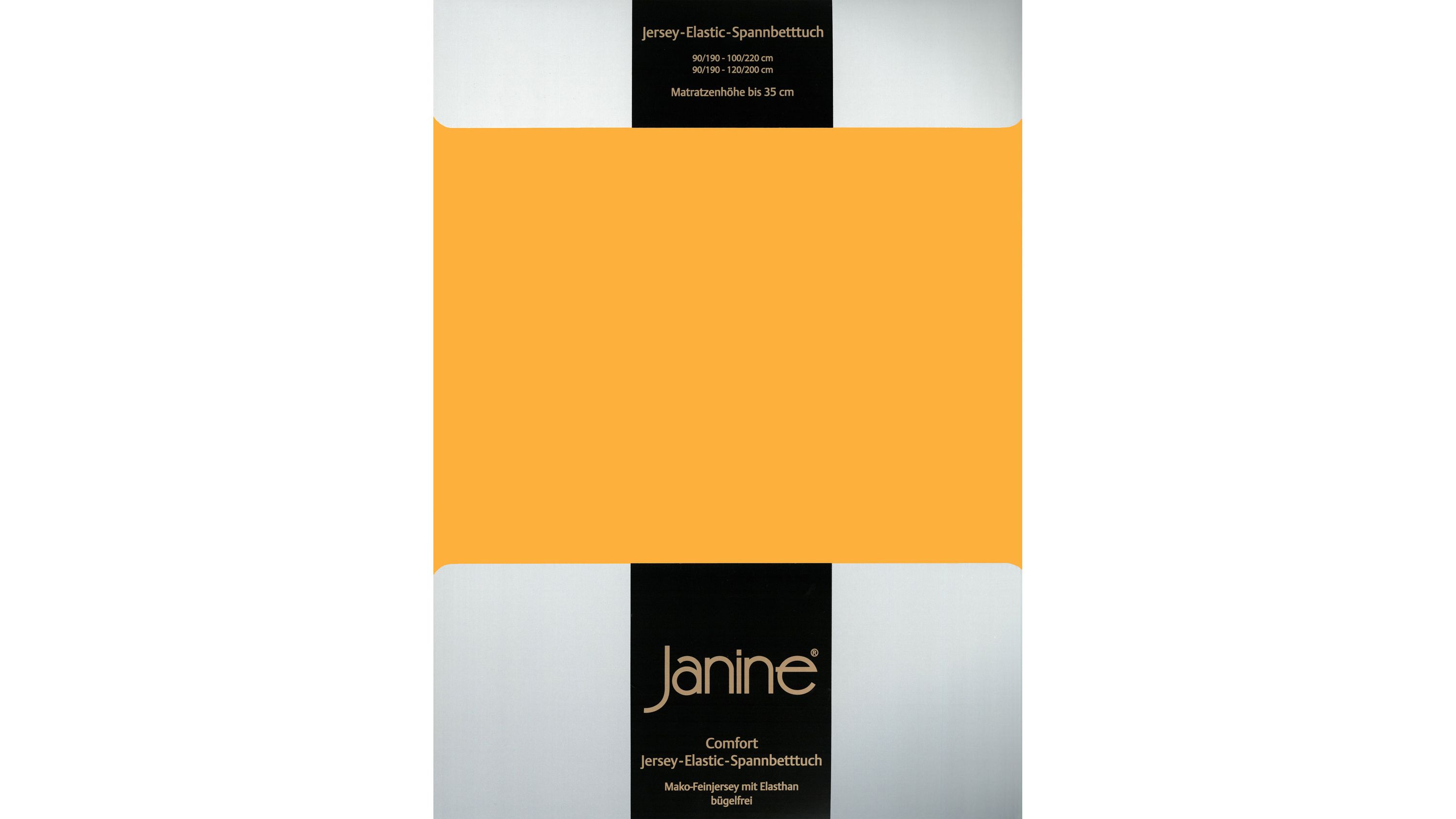 Spannbettlaken in sonnengelb mit Verpackung und sichtbarem Markenlogo Janine