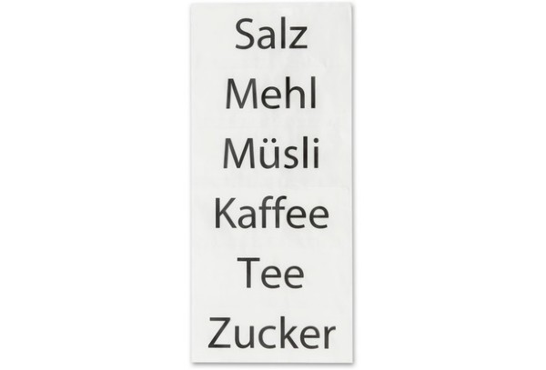 Lebensmittelliste Eine Liste von Lebensmitteln, darunter Salz, Mehl, Müsli, Kaffee, Tee und Zucker, auf weißem Hintergrund