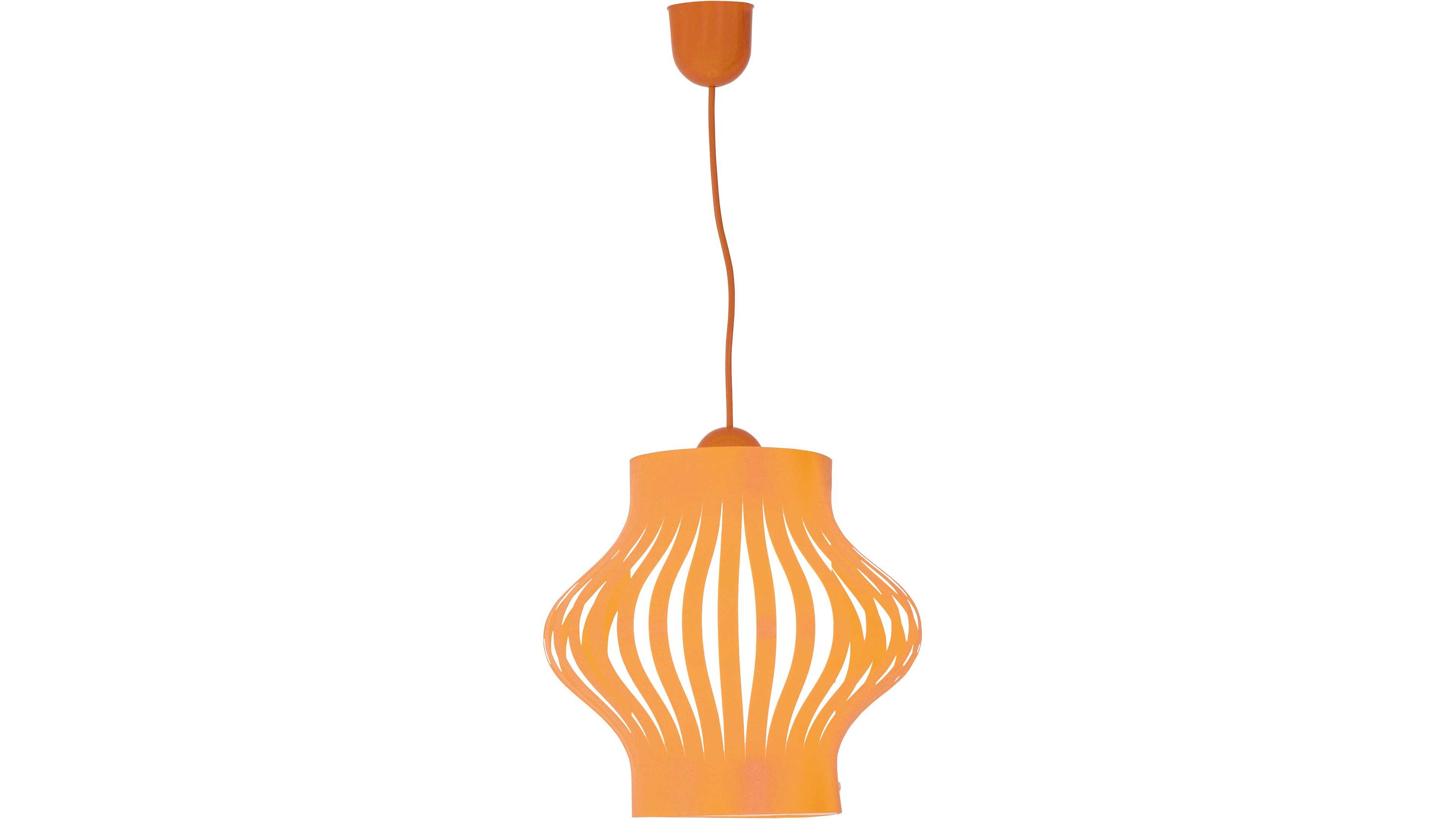 Pendelleuchte mit orangefarbenem Kunststoffschirm Pendelleuchte mit geschwungenem gestreiftem Lampenschirm aus orangefarbenem Kunststoff