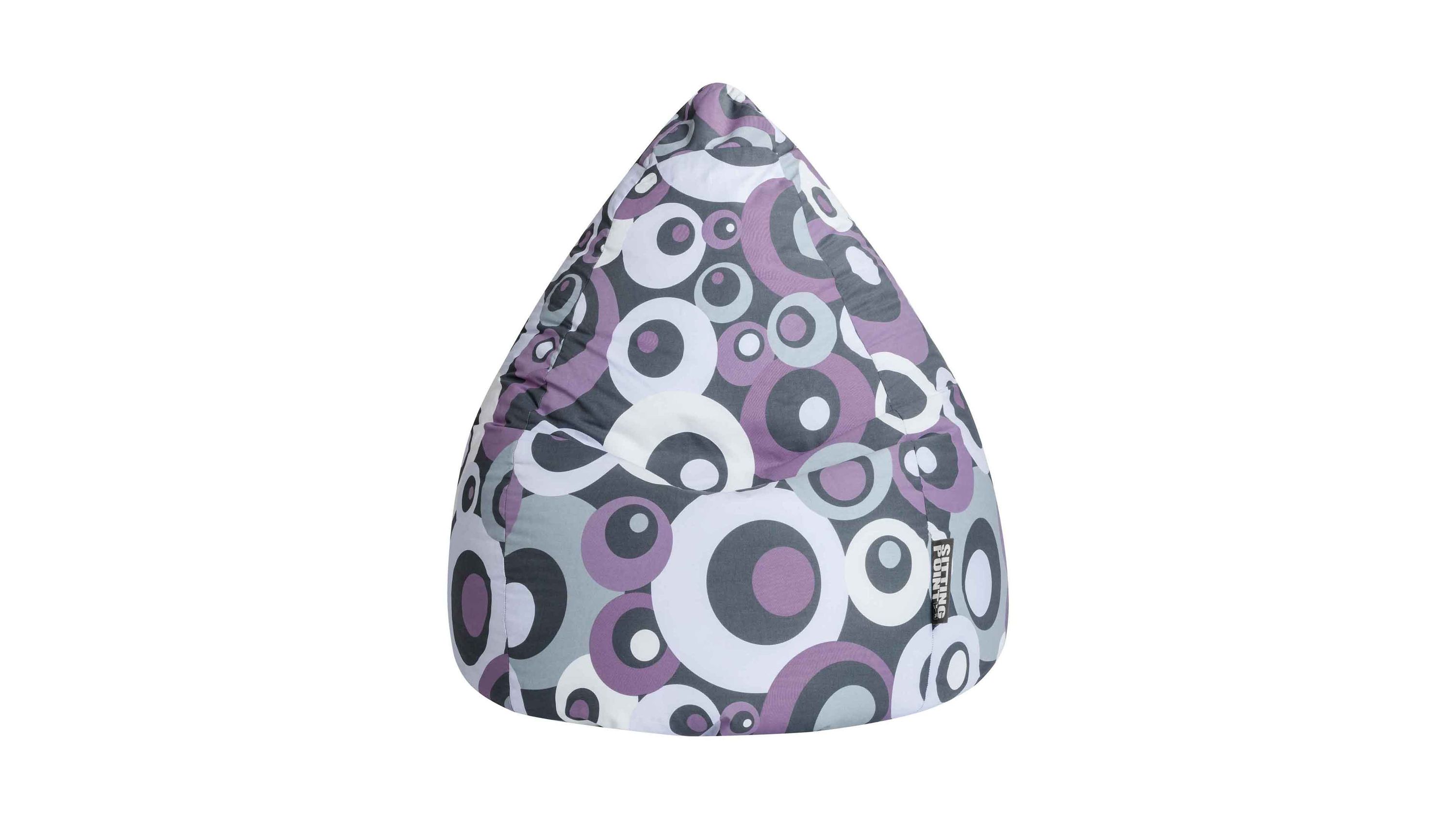 Sitzsack mit lilafarbenem Retromuster Sitzsack in tropfenförmiger Form mit lilafarbenem und grauem Kreismuster