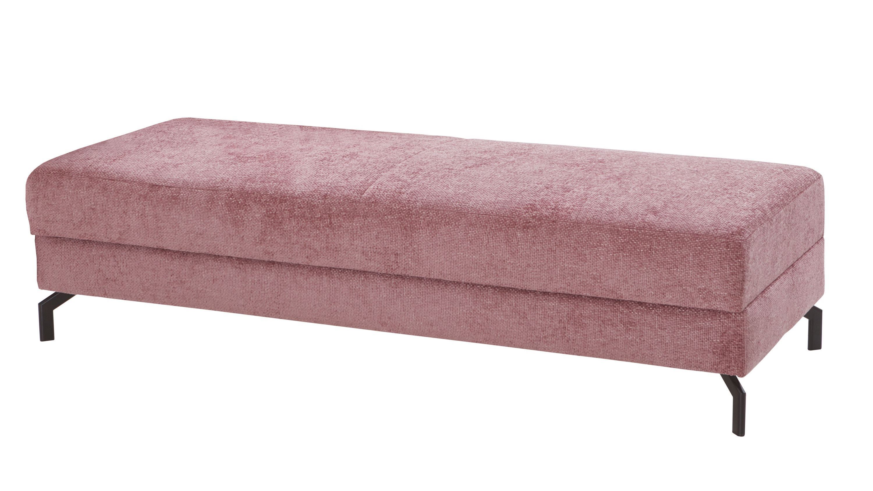 Rechteckiges Schlafsofa mit flach gepolstertem Sitz und rosa Stoffbezug auf schwarzen Metallbeinen