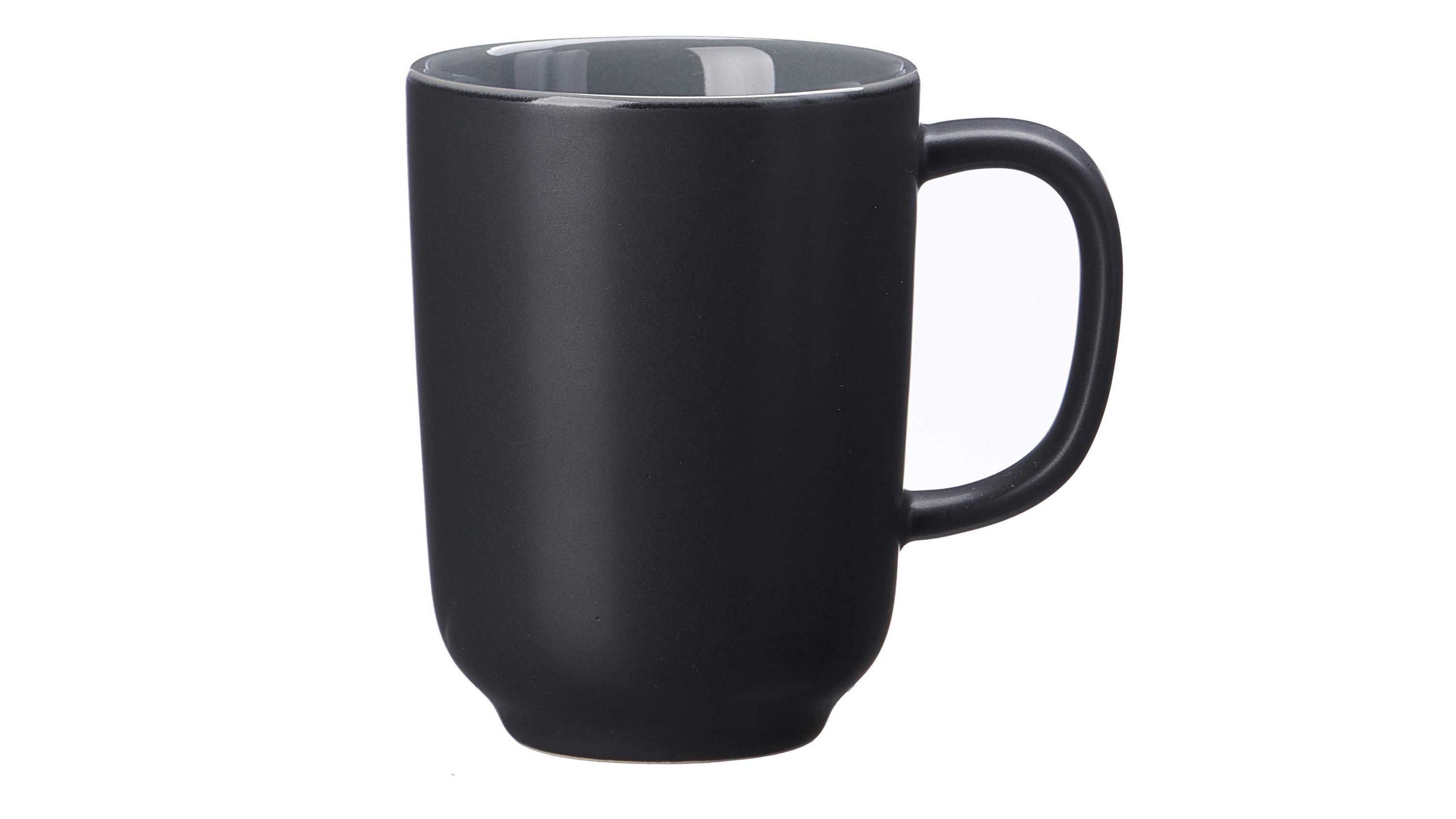 Schwarzer Kaffeebecher mit rundem Henkel und glatter Oberfläche