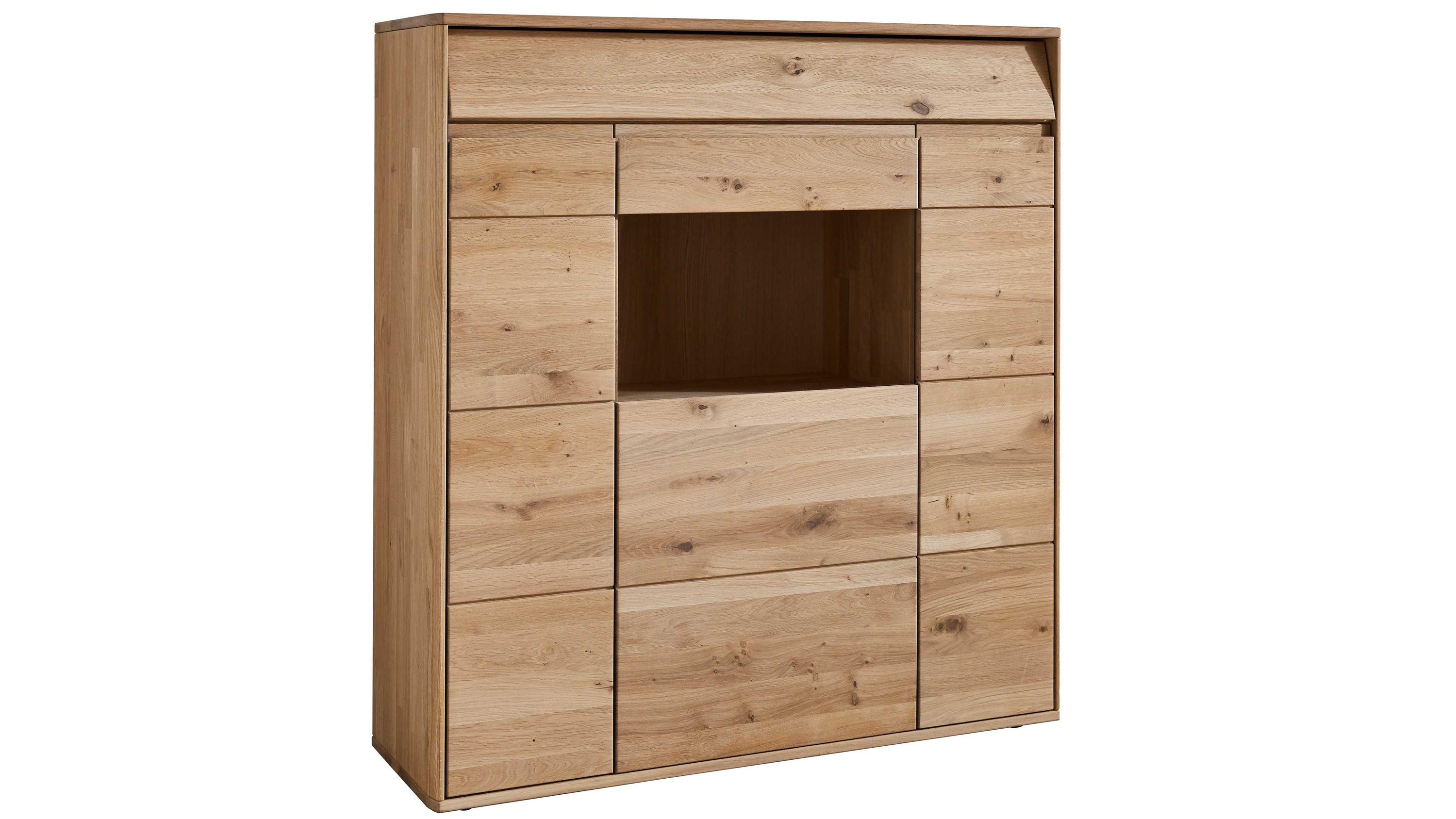 Hochschrank mit mehreren Türen und Fächern in heller Holzoptik