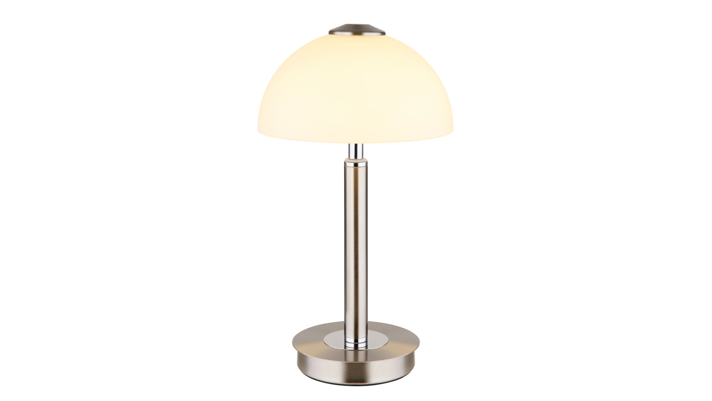 Tischlampe mit rundem opalweißem Lampenschirm und nickelfarbenem Metallfuß